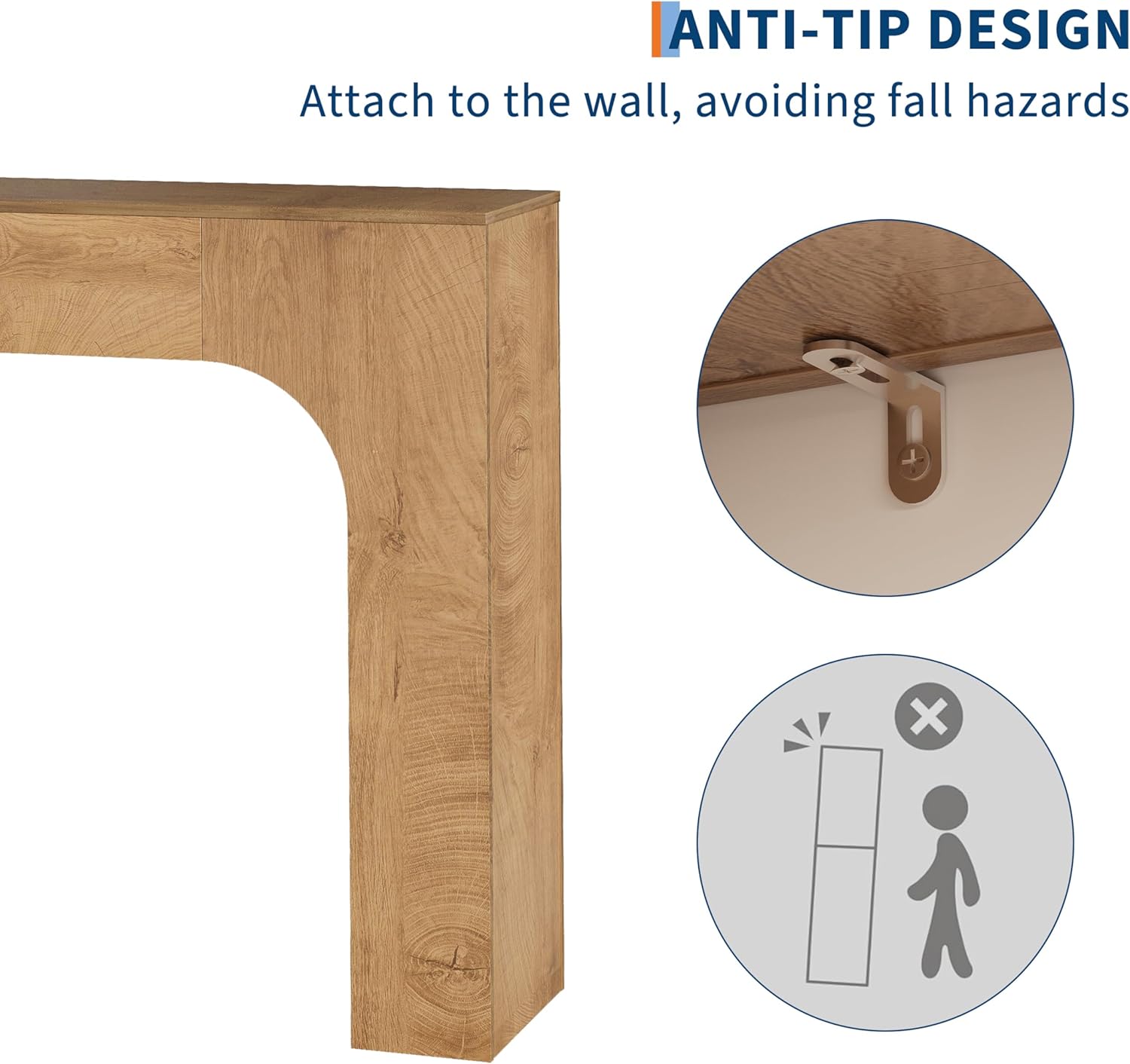 Diagram illustrating the anti-tip design, showing a bracket attaching the table to a wall and a warning symbol for tipping hazards.