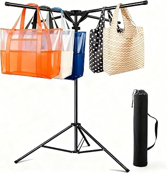 Heavy Duty Metal Shopping Bag Rack - Adjustable Height 51" to 71", Foldable Bag Holder Stand with Storage Bag, Retail Display Stand for Store/Boutique/Mall Holds 50lbs