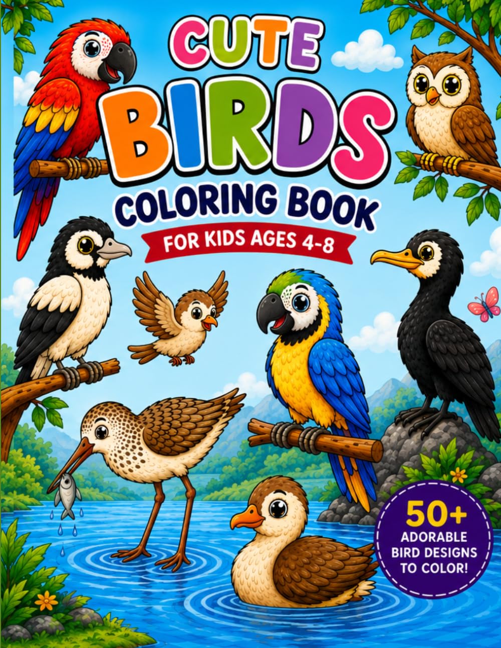 Cute Birds Coloring Book for Kids Ages 4-8: 50 Fun and Easy Bird Coloring Pages