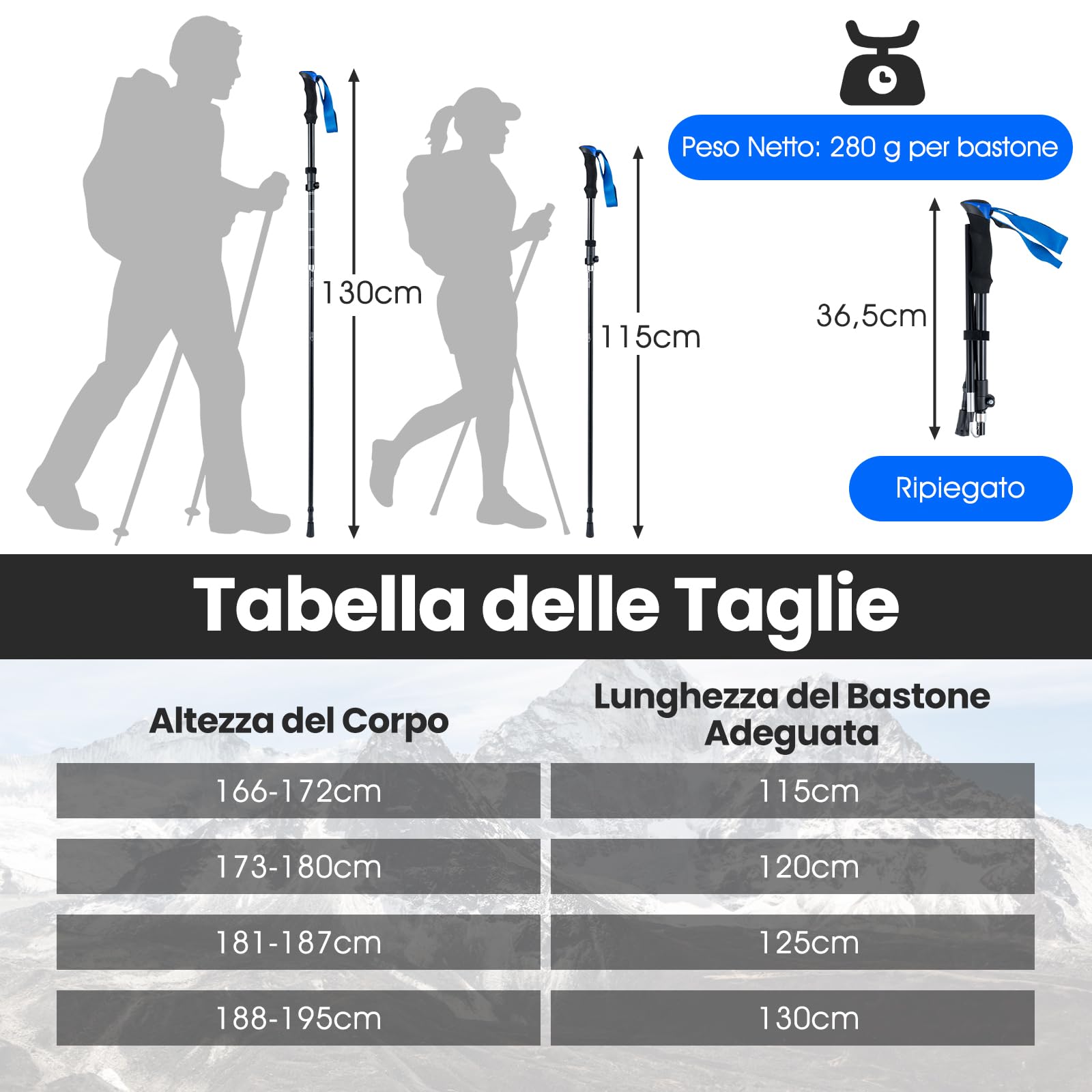 COSTWAY Bastoncini da Trekking Pieghevoli, Bastoni da Passeggio Tri-fold Leggeri per Uomo e Donna con Blocco a Scatto, Impugnatura in Schiuma EVA, Cinturino Regolabile