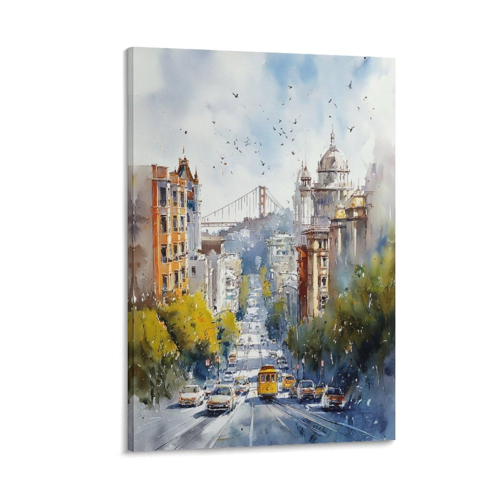 LCYNNH San Francisco Retro Modern Tree 20x30inch(50x75cm) Vintage Travel Poster Watercolor Canvas Art