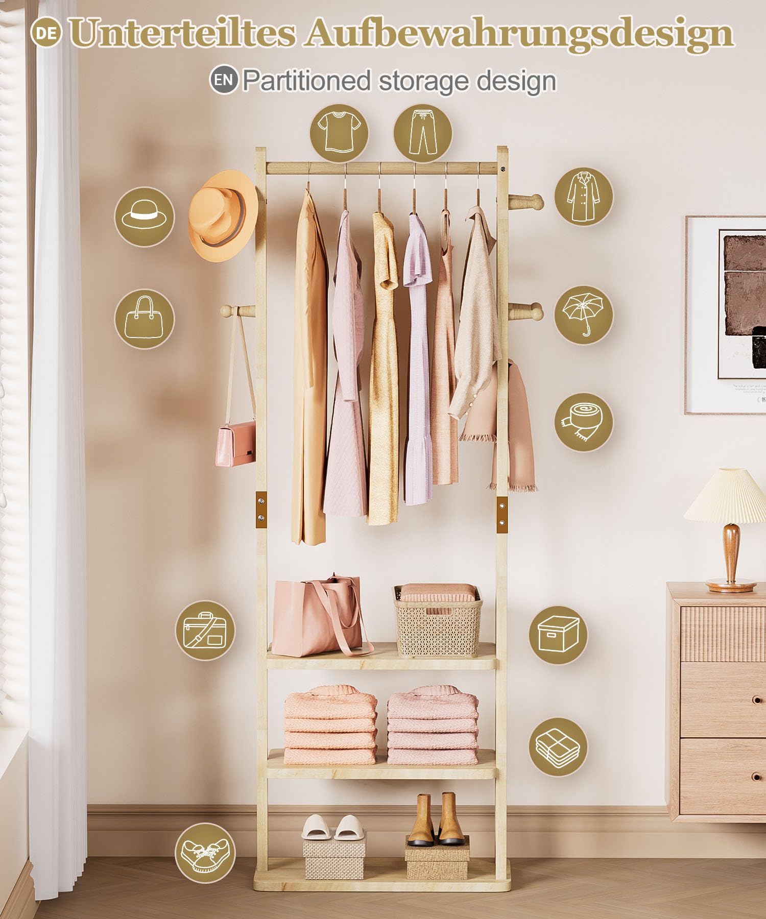 Yorbay Perchero multifuncional de madera independiente: perchero de pie sólido con estantes, perchero para ropa, sombrero, para salón, dormitorio, oficina | Perchero de pie de madera maciza con estantes, ganchos y perchero para ropa y sombreros en el saló