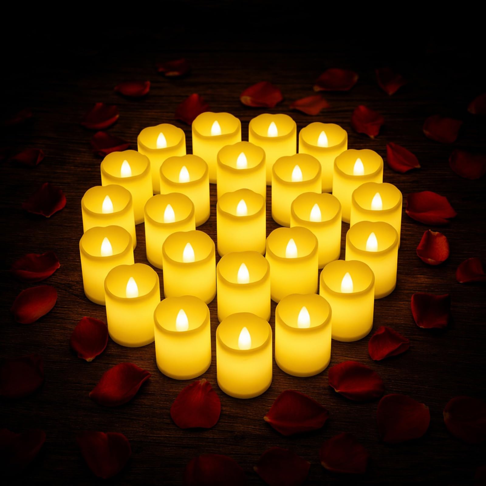 Geruicee 24Pcs LED Tea Lights Candles,Battery Operated Flameless Flickering Votive,Warm White Fake Tealights for Halloween,Christmas, Wedding,Party,Table,Home Decor & Gift