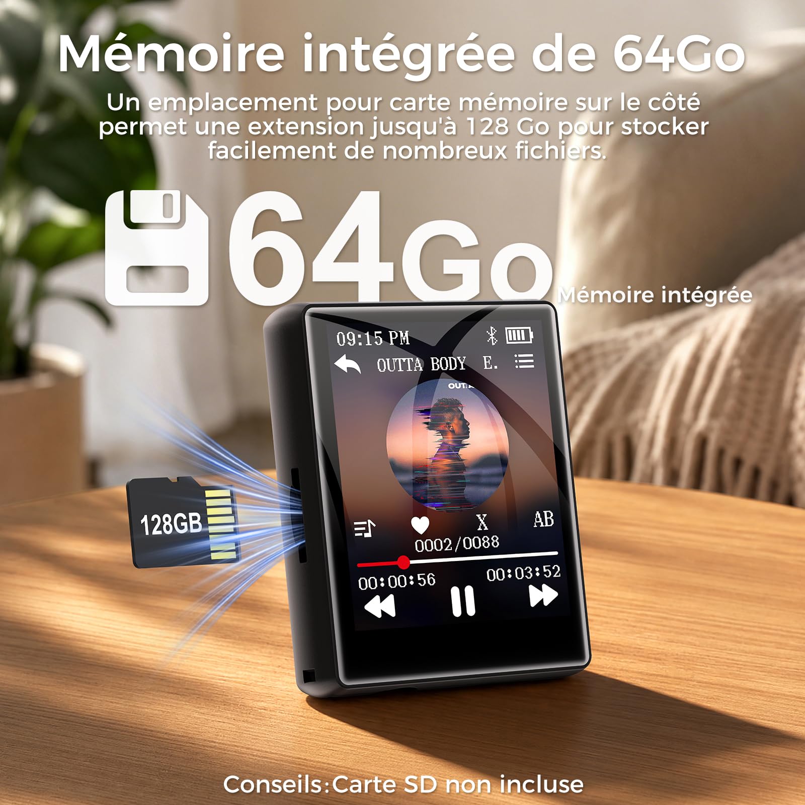 64 Go Lecteur MP3 avec Bluetooth 5.3, Mini Lecteur MP3 avec écran Tactile de 1,8 Pouces, Haut-Parleur, Son HiFi, Radio FM, Lecteur de Livres électroniques, enregistreur, jusqu'à 128 Go (Noir, 55 g)