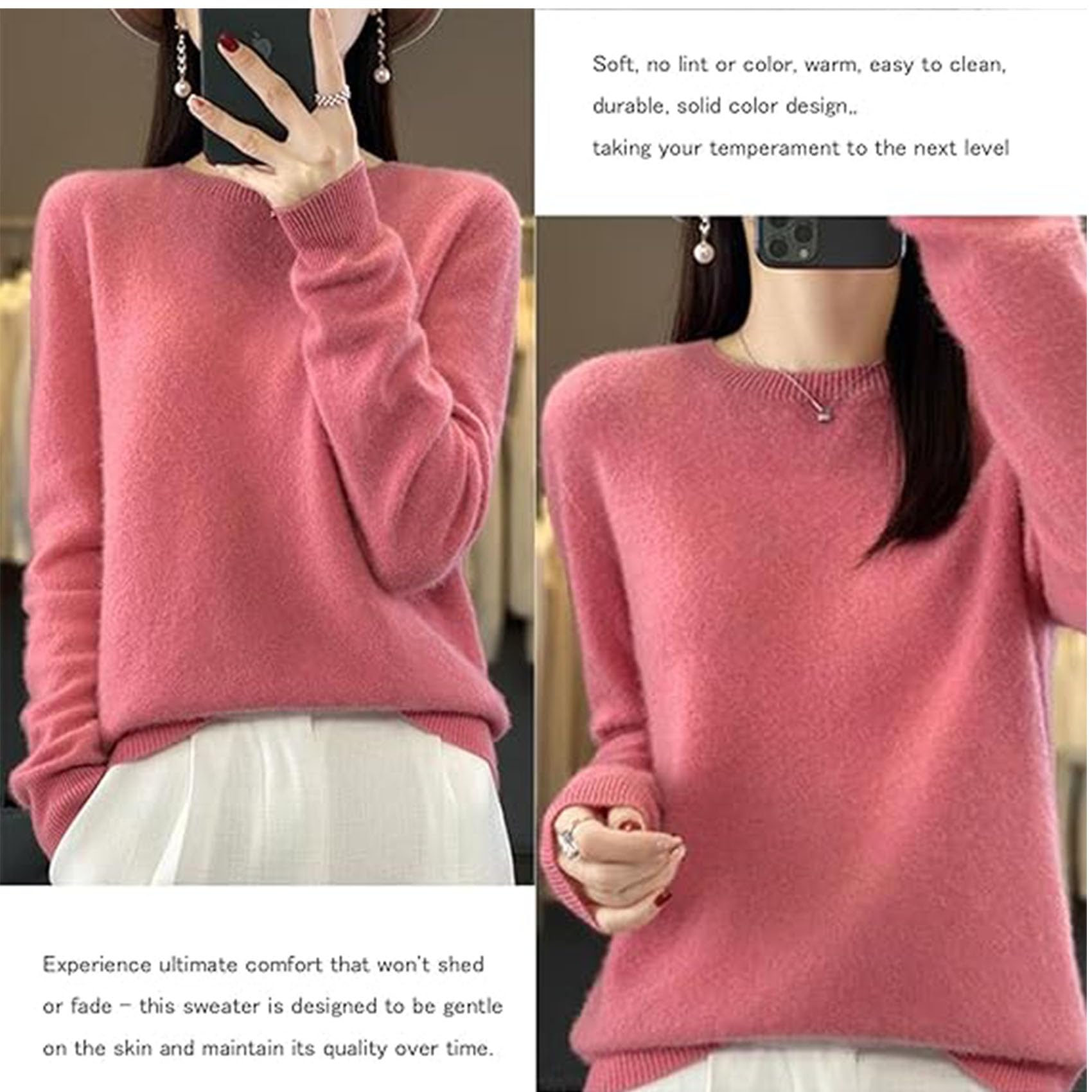 Jeeeun Cashmere Sweaters for Women, Womens Cashmere Sweater, Cashmere Crew Neck Long Sleeve Soft Pullover Sweater