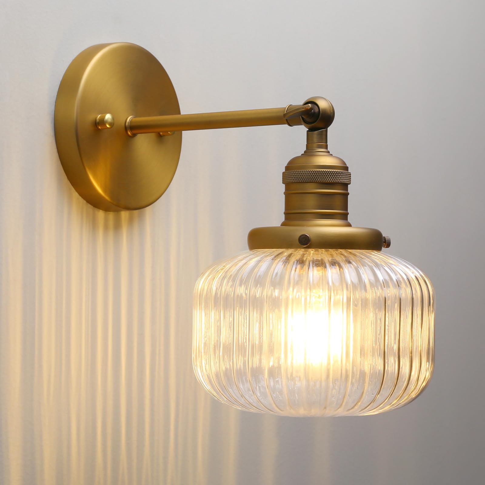 Phansthy Industrial Vintage Wall Light Sconce, Ribbed Glass Wall Light Fitting for Kitchen Bedroom Loft Stairway Living Room (Antique Gold)