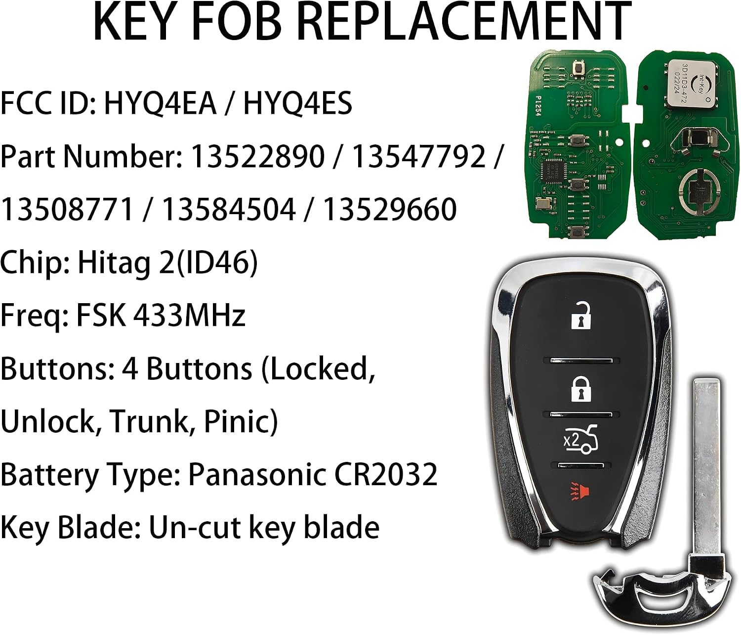 Smart Key for Chevrolet Malibu 2016-2025, Alliskeys 4-Buttons Proximity Remote Control Key Fob Replacement for Chevy Malibu Camaro 2016-2025 HYA4EA HYQ4ES