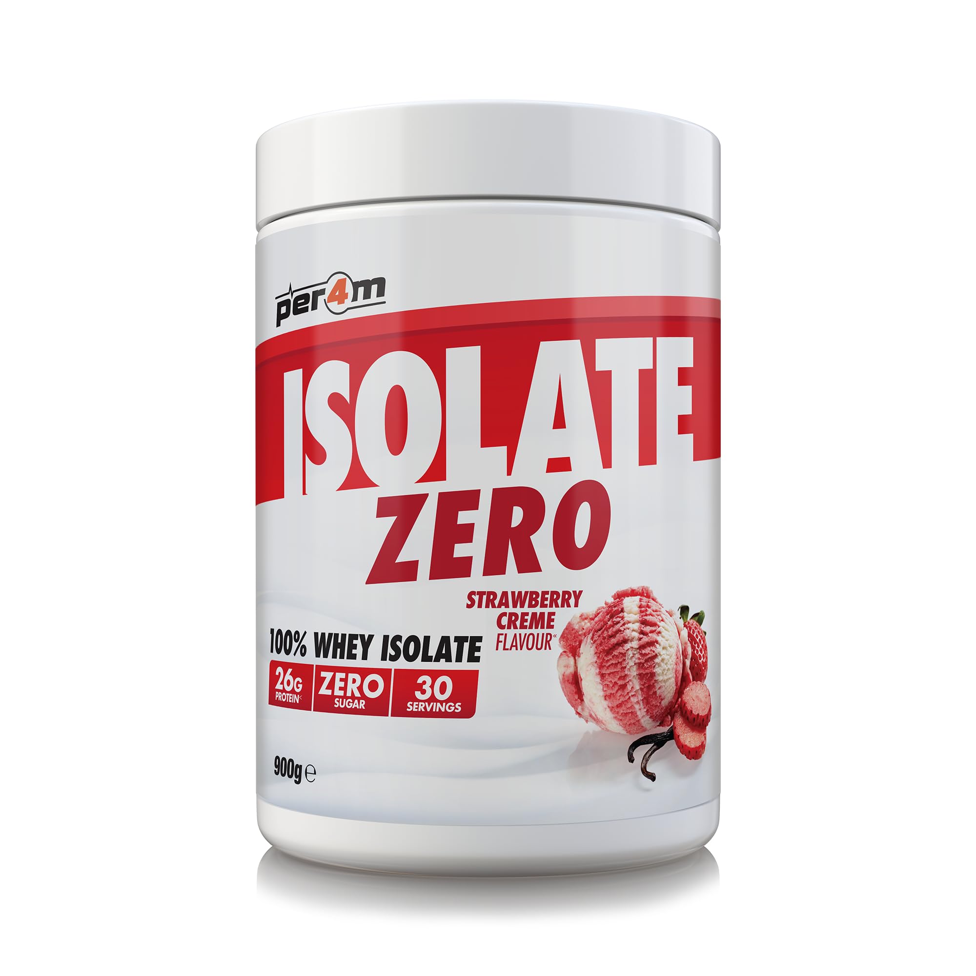 Per4m Whey Protein Isolate Zero, Poudre Protéinée pour Prise de Masse et Récupération Musculaire, Acides Aminés Essentiels, Faible en Sucre, Haute Protéine, Fitness Sport Gym – Strawberry – 900g