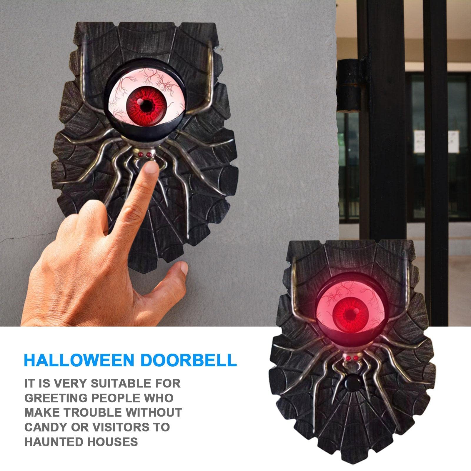 Pająk Halloween Dzwonek do drzwi Halloween Dzwonek do drzwi Pająk Dekoracja Pająk Niespodzianka Straszne migające diody LED Ozdoba dekoracyjna, prezent, akcesoria z upiornym pająkiem do wnętrz, ścian,
