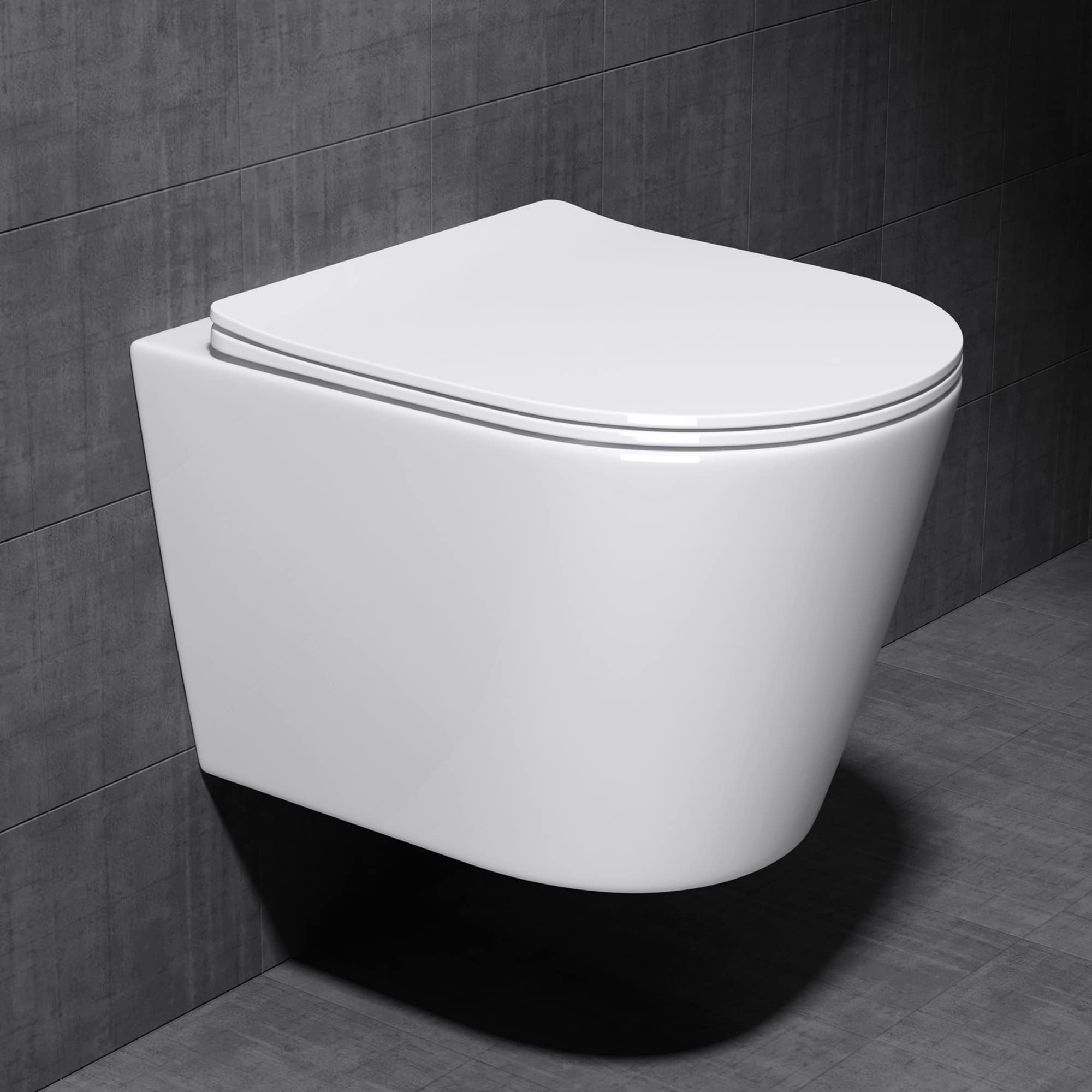 Mai & Mai Hänge WC Toilette Wand-WC Spülrandlos Weiß aus Keramik Wandmontage mit Absenkautomatik Aachen108-kurz
