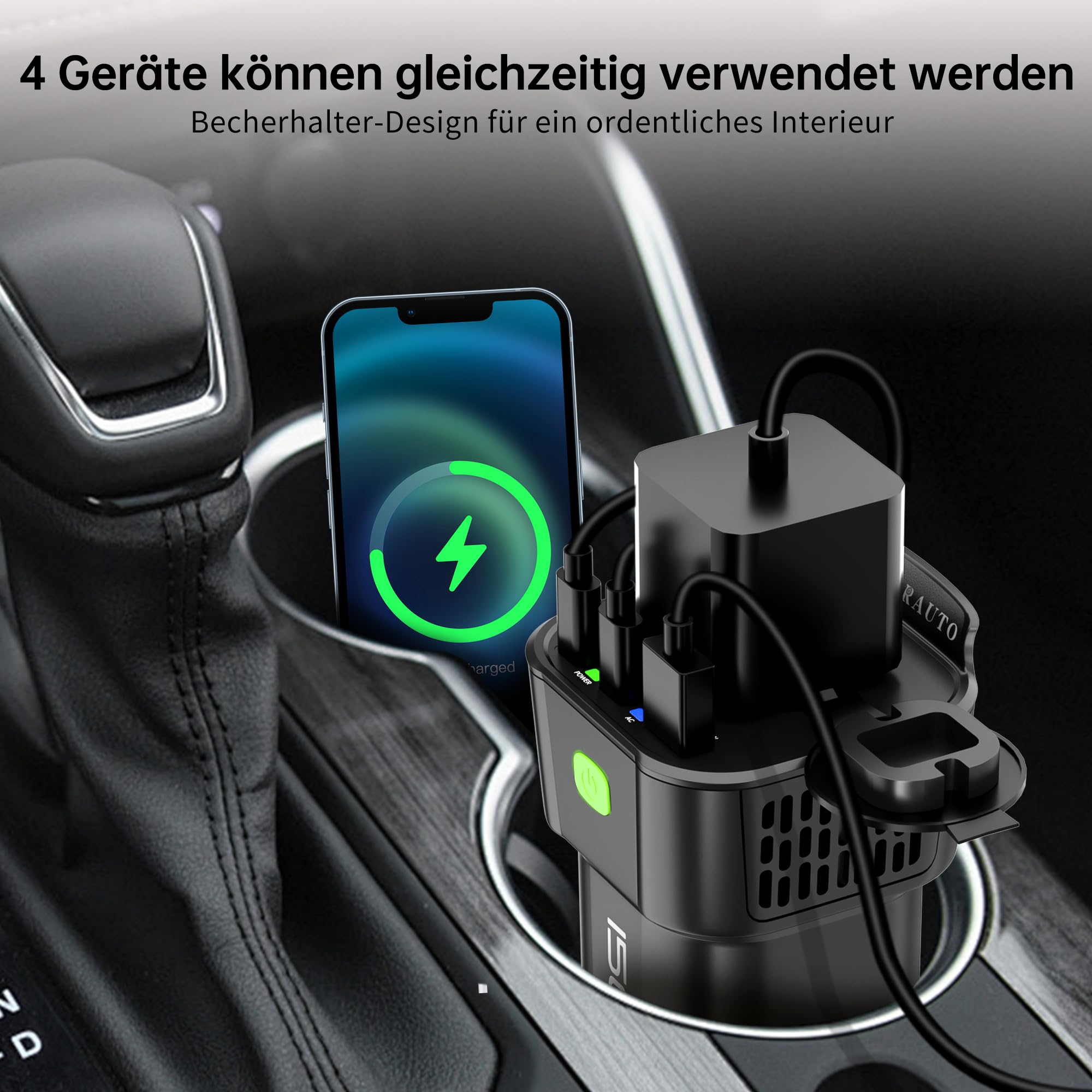 150W Spannungswandler, DC 12V zu 230V AC 5-in-1 Wechselrichter Getränkehalter Konverter mit 10A Zigarettenanzünder Steckdose, 2 USB-C 30W & 1 USB-A 18W Ladeanschlüsse - Schwarz