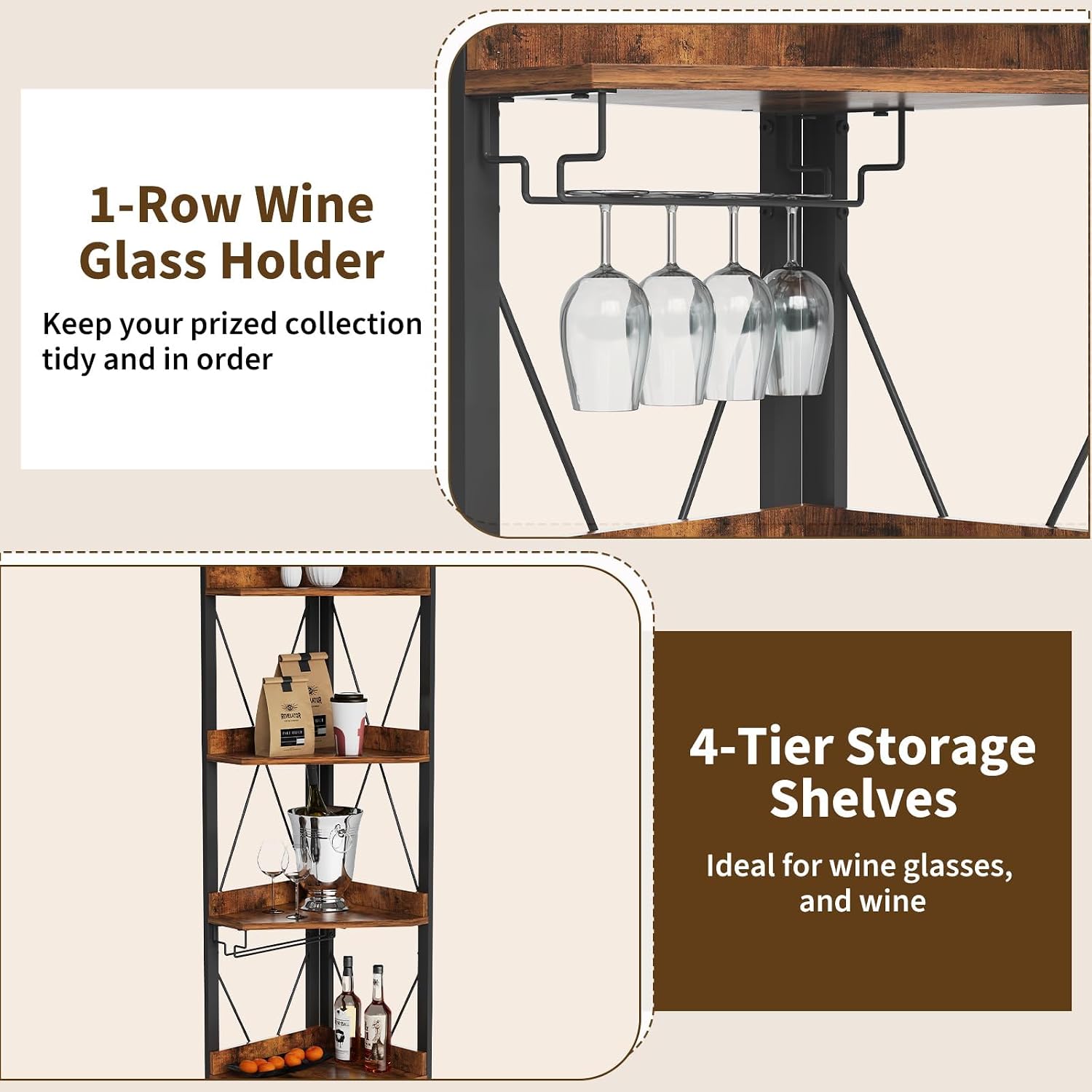 Space-Saving Corner Bar Cabinet, 5-Tier Freestanding Wine Rack with Glass Holder, Adjustable Shelves, Mesh Door, Liquor Storage Sideboard for Home Bar, Dining Room, Kitchen - Brown