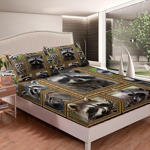 Feelyou Raccoon Fitted Sheet Twin Size Cute Raccoon Sheet Set with Deep Pocket for Kids Teens Adults Raccoon Lover Gift Bed Sheets Set Wildlife Bed Set Room Decor 2Pcs with 1 Pillow Case