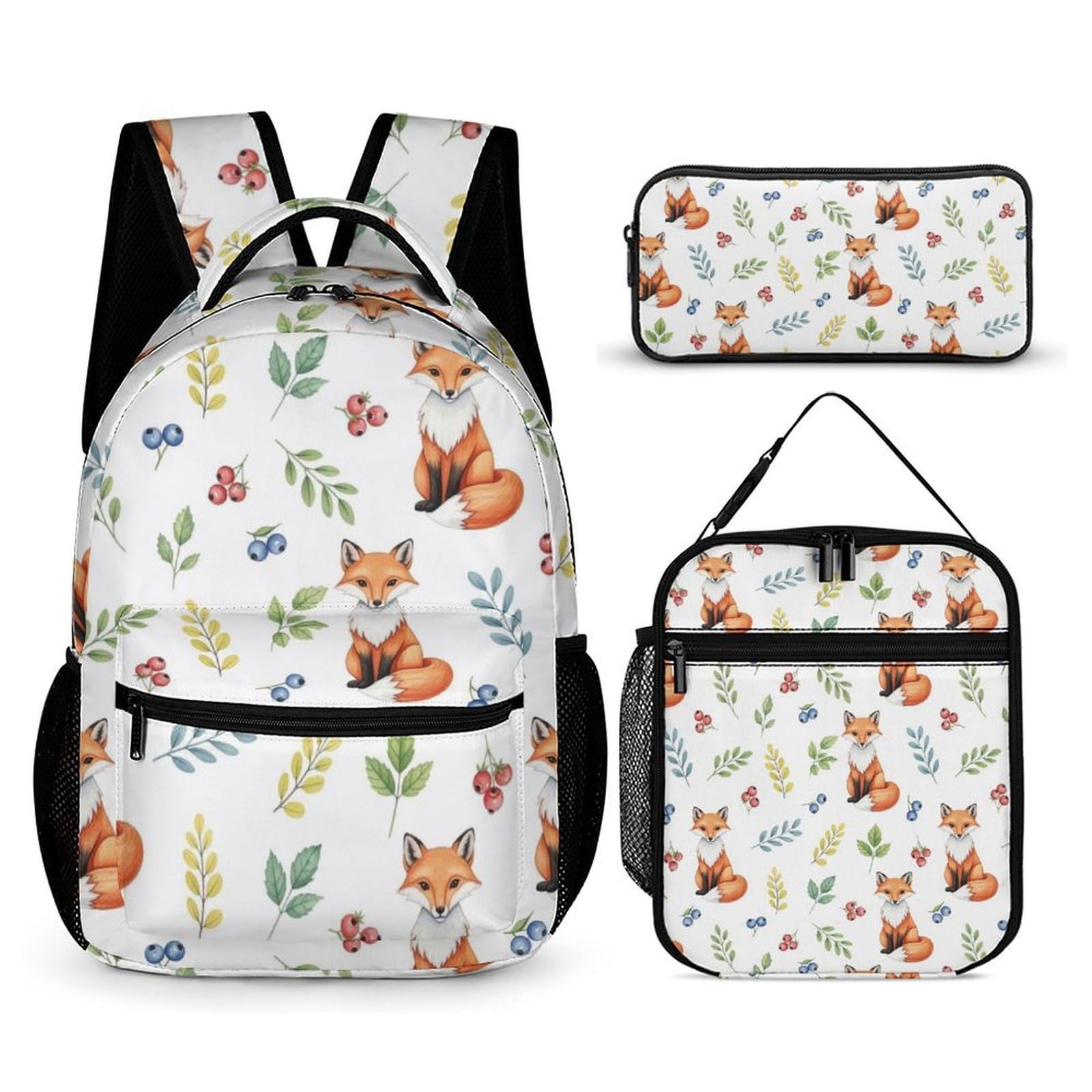 Ensemble sac à dos à motif renard, sac à lunch et trousse de maquillage inclus.