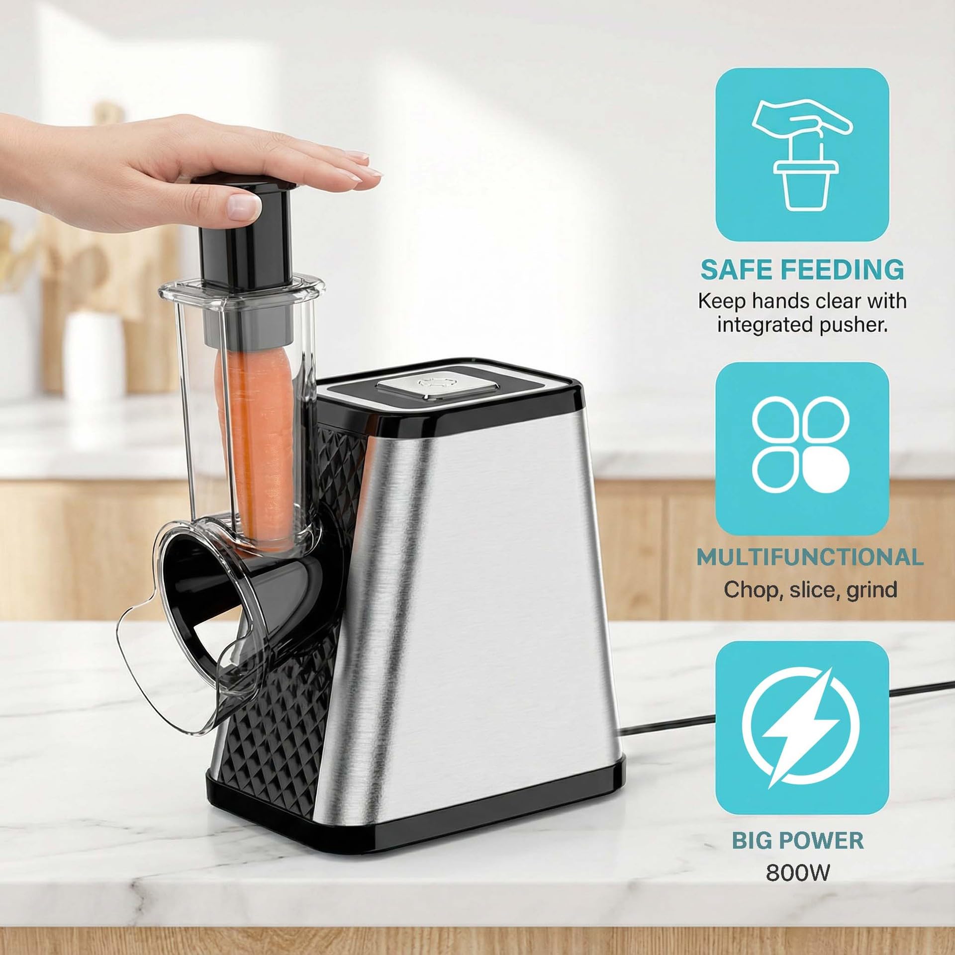 Procesador de Alimentos Eléctrico 5 en 1 - Multifuncional para Verduras, Frutas, Queso y Frutos Secos - Motor Potente de 800W, Cuchillas de Acero Inoxidable para Cortar, Rallar, Moler y Picar