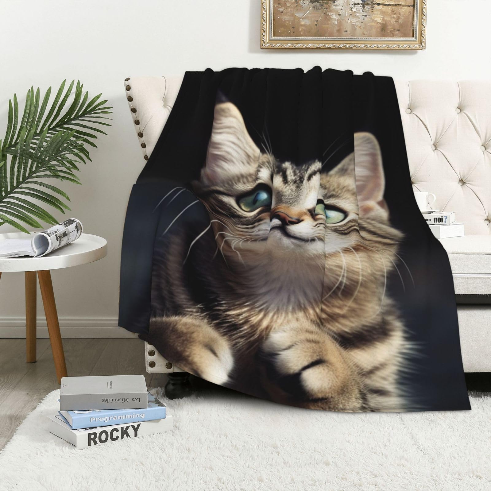Couverture polaire en flanelle douce, jeté de lit motif chat 100x150