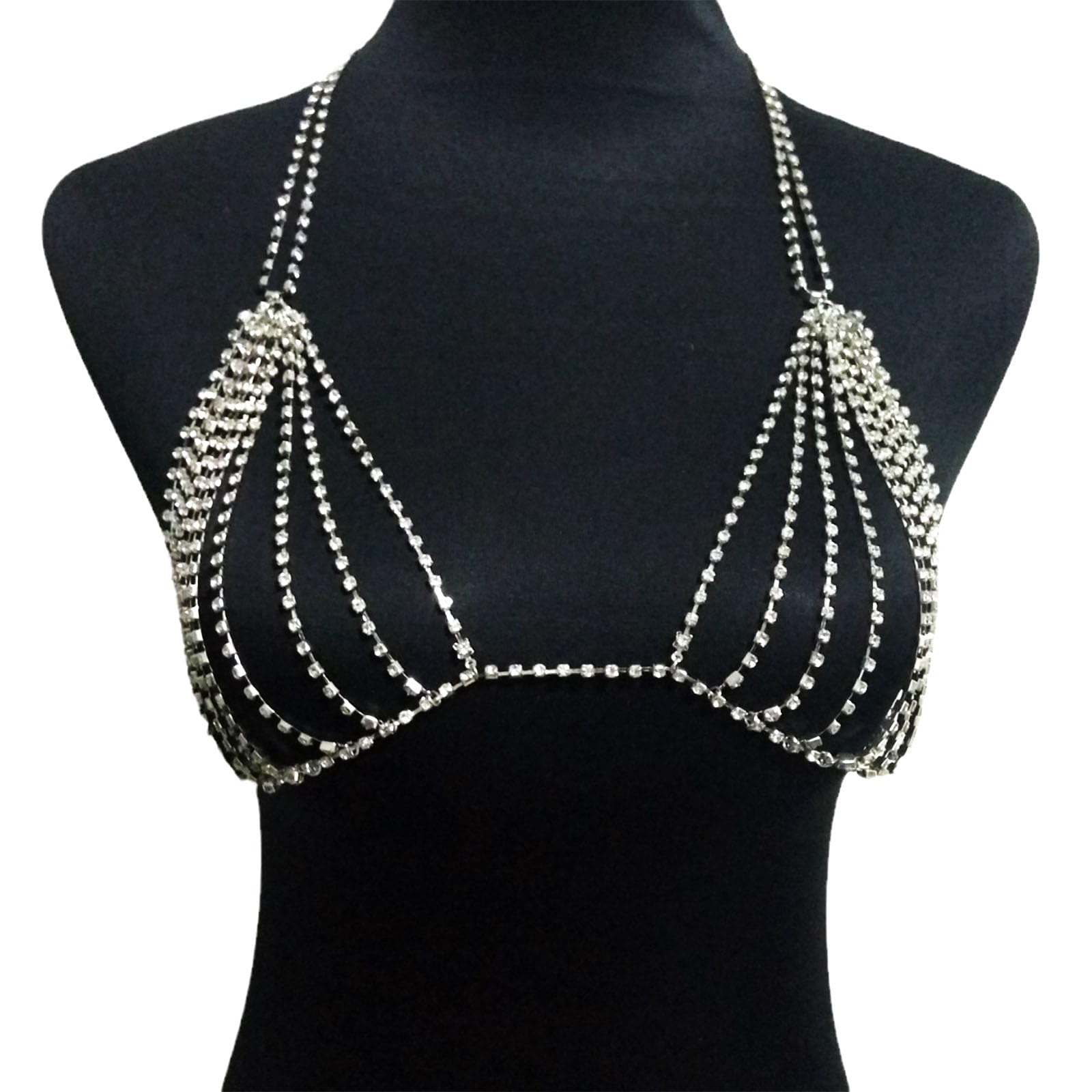 jaffiust Boho Crystal Body Chain Sparkly Rhinestone Bikini Chest Chains Body Accessories Jewelry for Women and Girls-silver