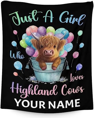 Personalized Highland Cow Blanket Gifts with Name - 30x40 Inches Cute Throw Blanket for Girls - Colorful Soft Fuzzy Blankets for Couch & Office