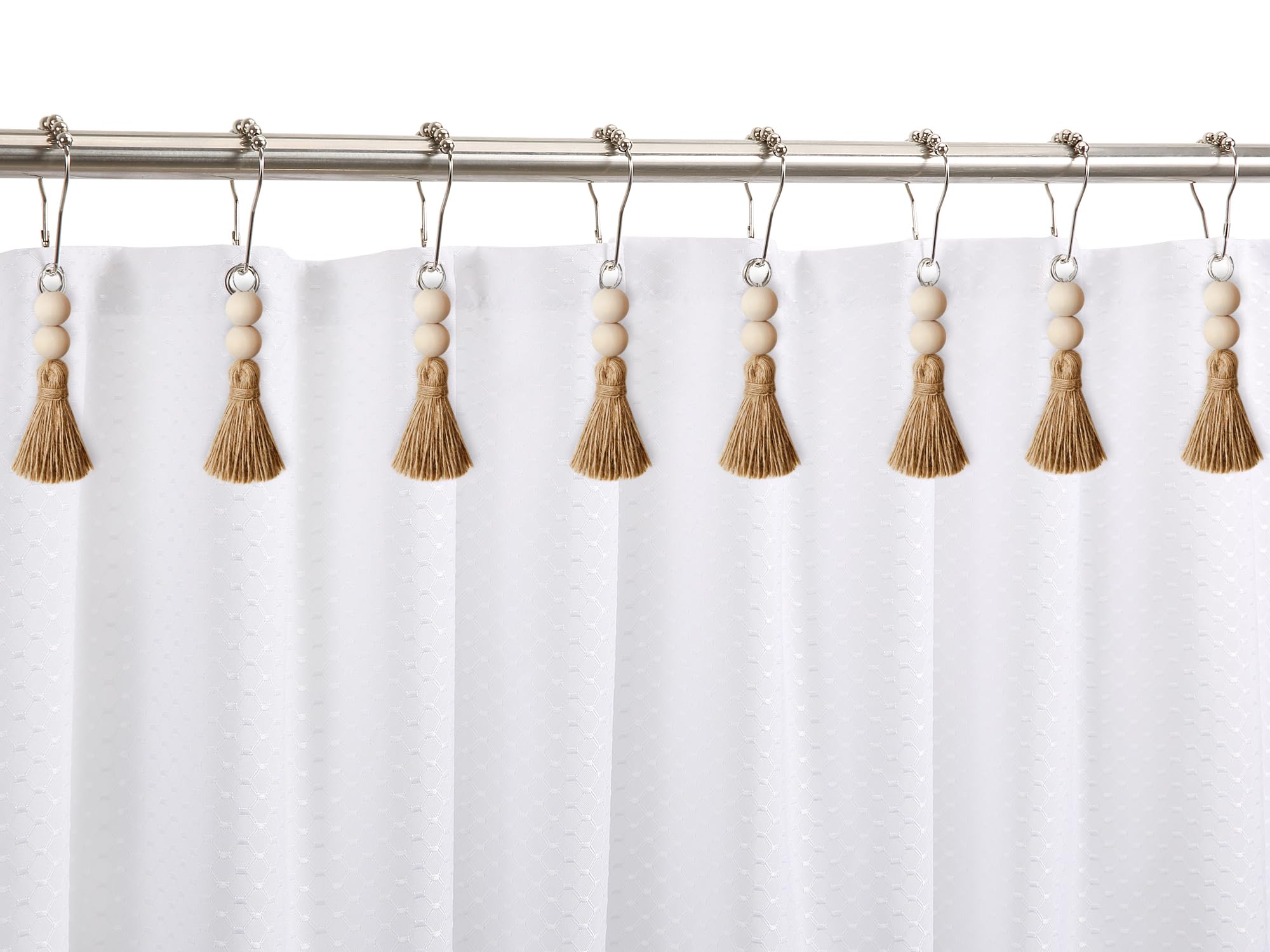 FYSUIMU 12-Pack Boho Shower Curtain Hooks - Woven Rattan Knot Design In Wood & White For Farmhouse Bathroom