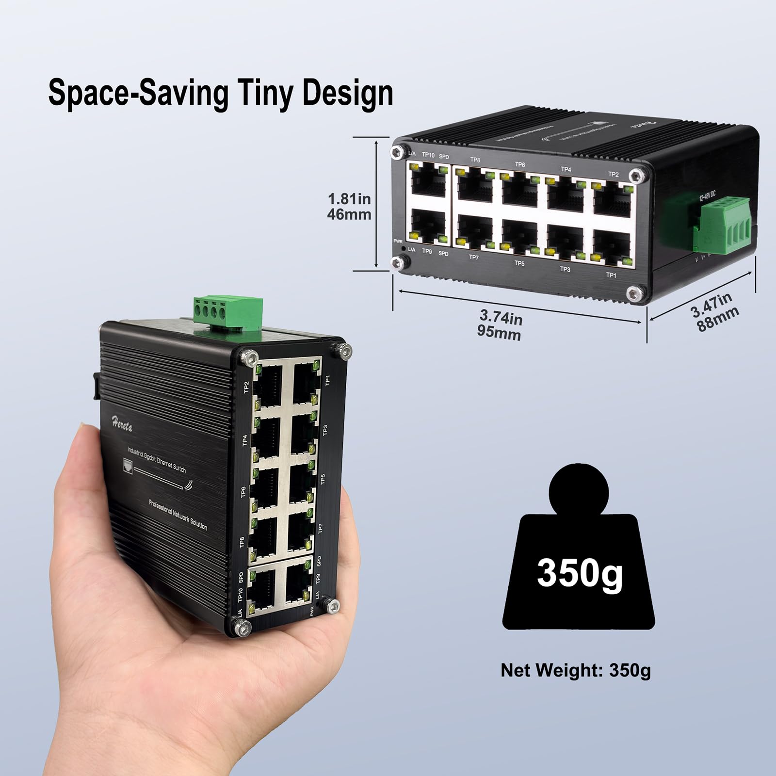 Switch Ethernet Gigabit de 10 Puertos, Industrial Conmutador Gigabit con 10 x RJ45 Puerto, 10/100/1000 Mbps, No Gestionado, Plug & Play, Admite una Entrada de 12–48 V CC