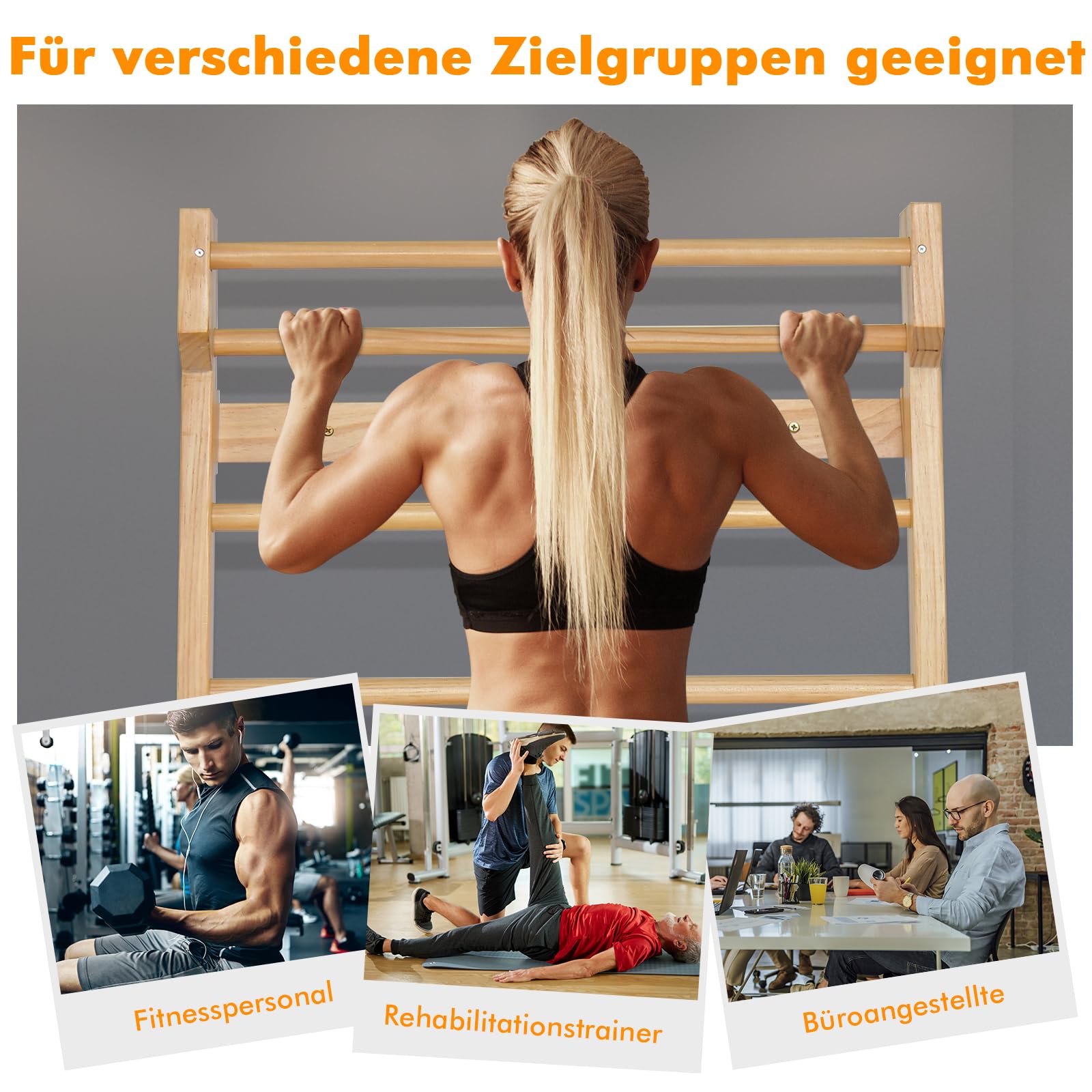 COSTWAY Ścianka ze szczeblami drewnianymi, z drążkiem do podciągania i 10 szczeblami, ścianka gimnastyczna, sprzęt sportowy, obciążenie 150 kg, rusztowanie wspinaczkowe do użytku wewnątrz dla