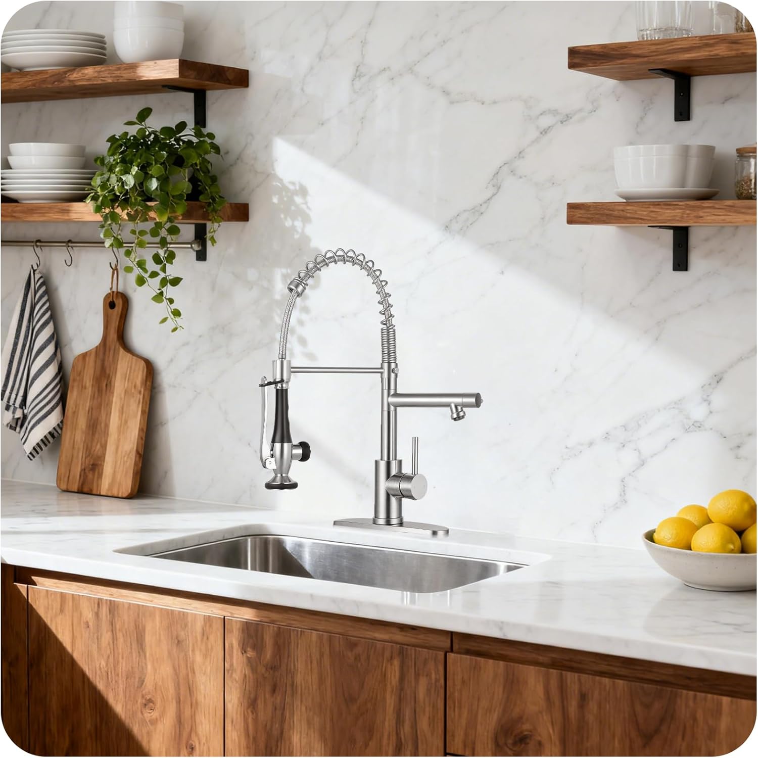 Kitchen Faucet with Pull Down Sprayer - Brushed Nickel Single Handle Commercial Kitchen Faucets, 2-Spout Stainless Steel Spring Pull Out Kitchen Sink Faucet 1/3 Hole with Deck Plate