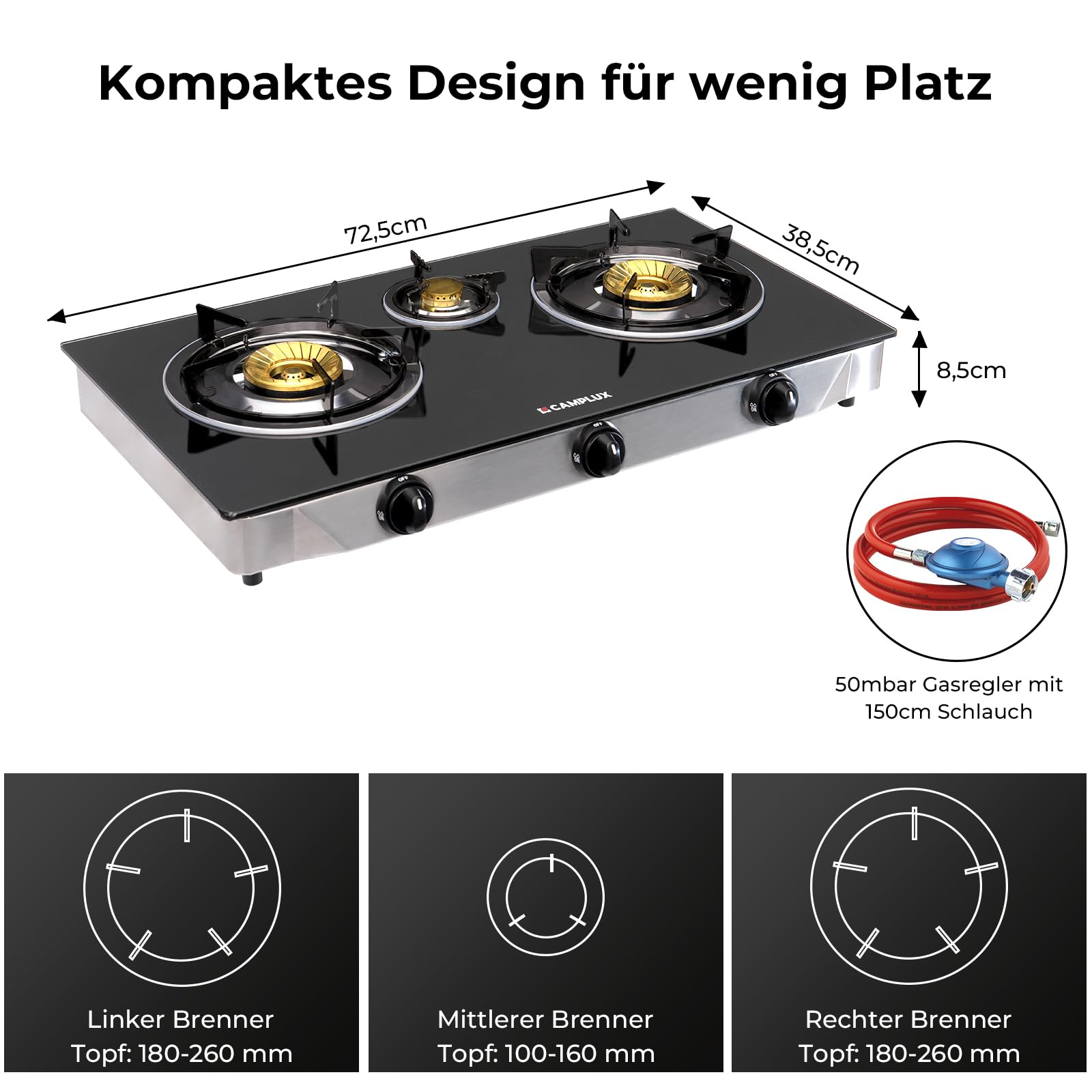 CAMPLUX TC03GB 3-Flammig Gaskochfeld 6,25 kW LPG Campingkocher 72,5cm 50mbar