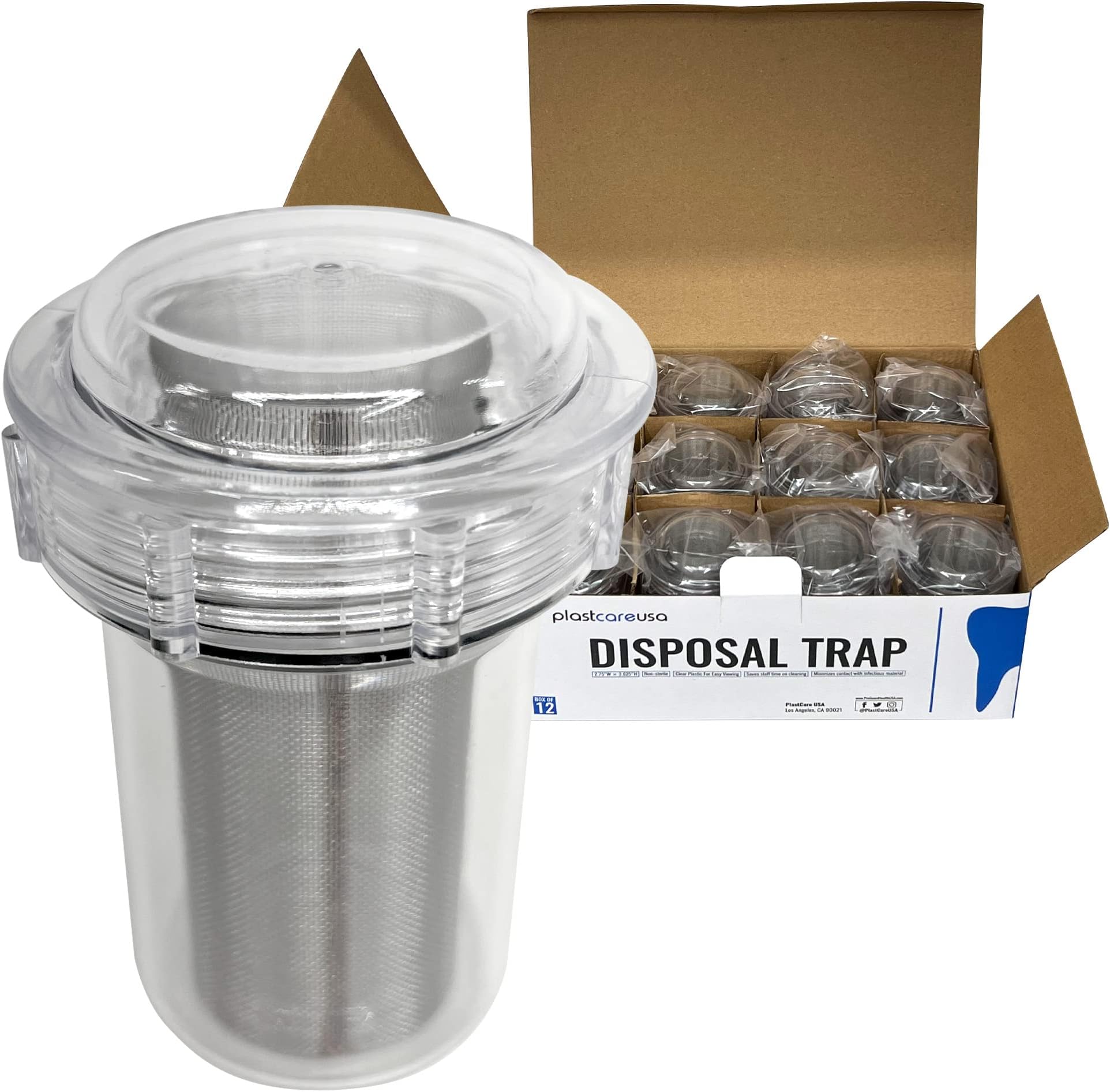 Dental Evacuation Suction Trap #2200 - Disposable Clear Plastic Airtight Canisters with Lid, Gasket, Stainless Steel Fine Mesh Screen Filter (Box of 12 Traps)