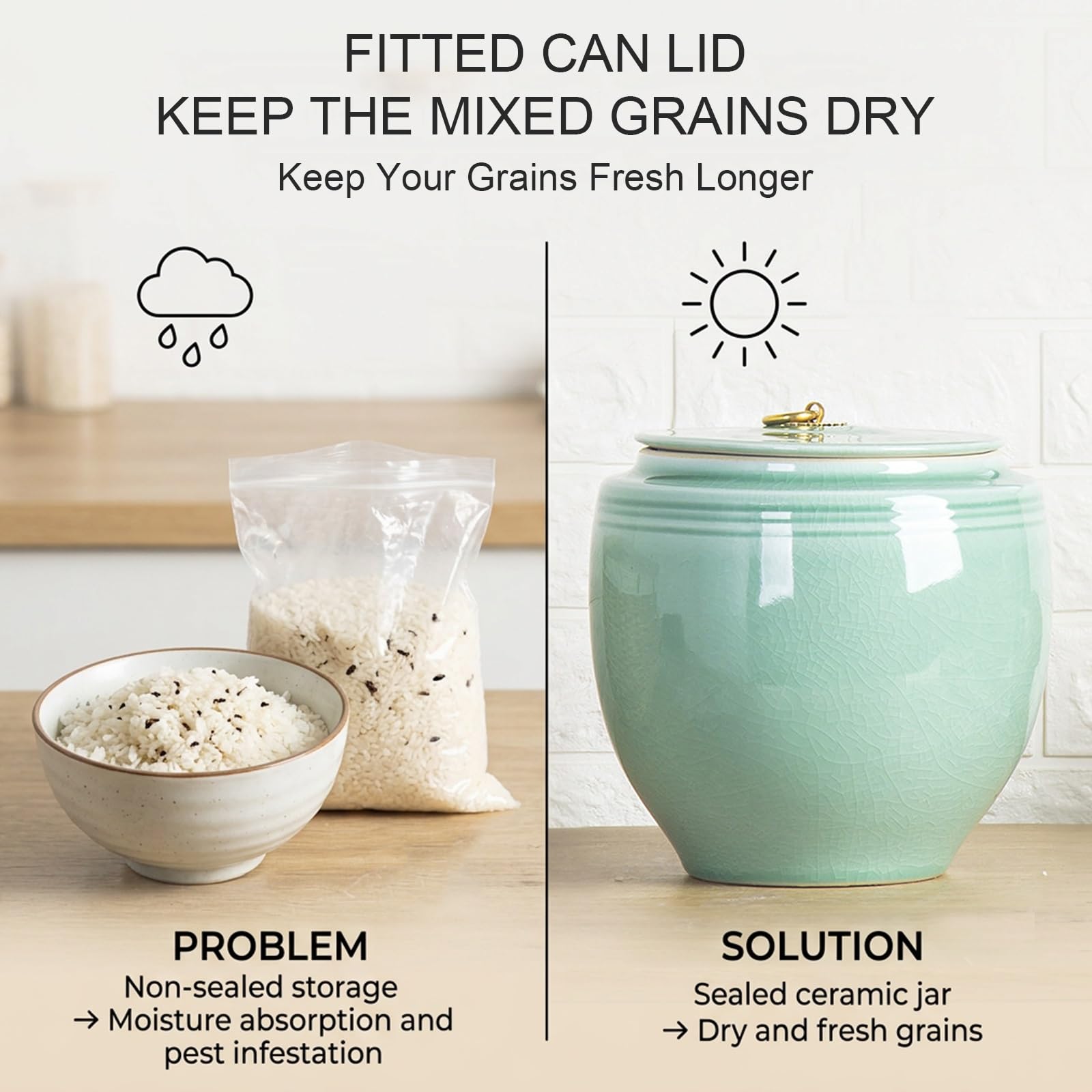 Grande Capacità Barattoli Da Conservazione, Vaso In Ceramica Coperchio | Barattolo In Ceramica, Conservare Riso Ad Ampia Capacità, Adatto Per Riso, Cereali(B-10kg)