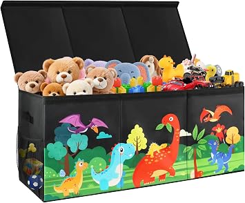 Extra Large Kids Toy Box, Foldable Toy Organizer with Dividers & Lids, 148L Dinosaur Storage Bin for Toddlers Boys Girls, Collapsible Chest for Toys, Books, Bedroom, Playroom, Nursery Black