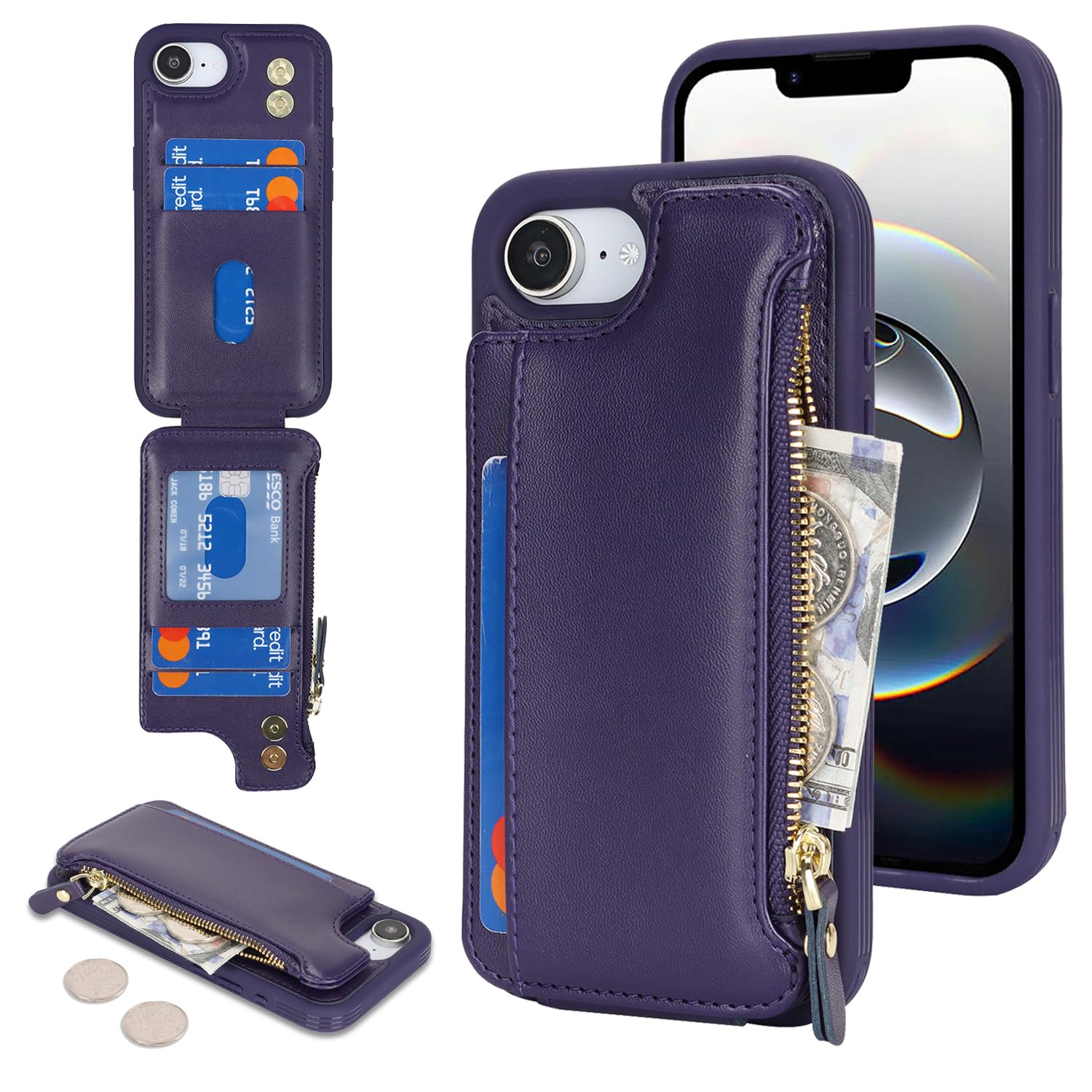 Étui iPhone 16e porte-cartes Cavor, housse portefeuille cuir antichoc violet femme