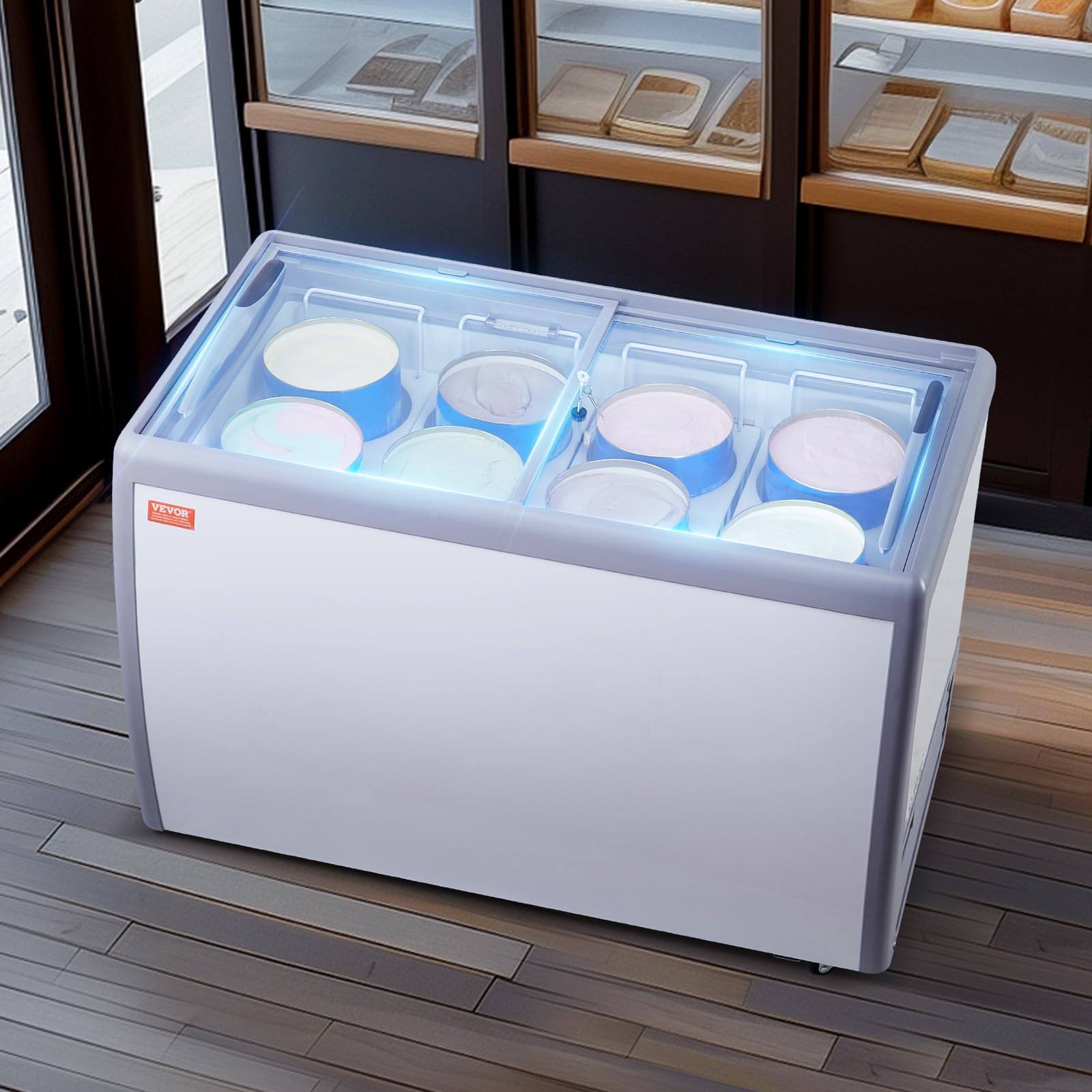 VEVOR Vitrina Comercial para Helado, Congelador Horizontal de 370 L, Móvil con Tapa de Vidrio, con 8 Tinas Grandes, 2 Puertas Corredizas de Vidrio, Ruedas con Bloqueo, Blanco, 1260 x 715 x 875 mm