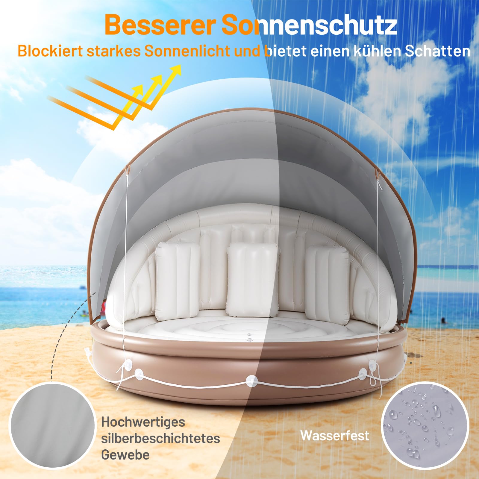 COSTWAY Aufblasbare Badeinsel mit einziehbarem Dach, Schwimminsel mit 3 bequemen Kissen, SPF 50+, Schwimmliege bis 180 kg belastbar, aufblasbare Lounge für 2 Erwachsene