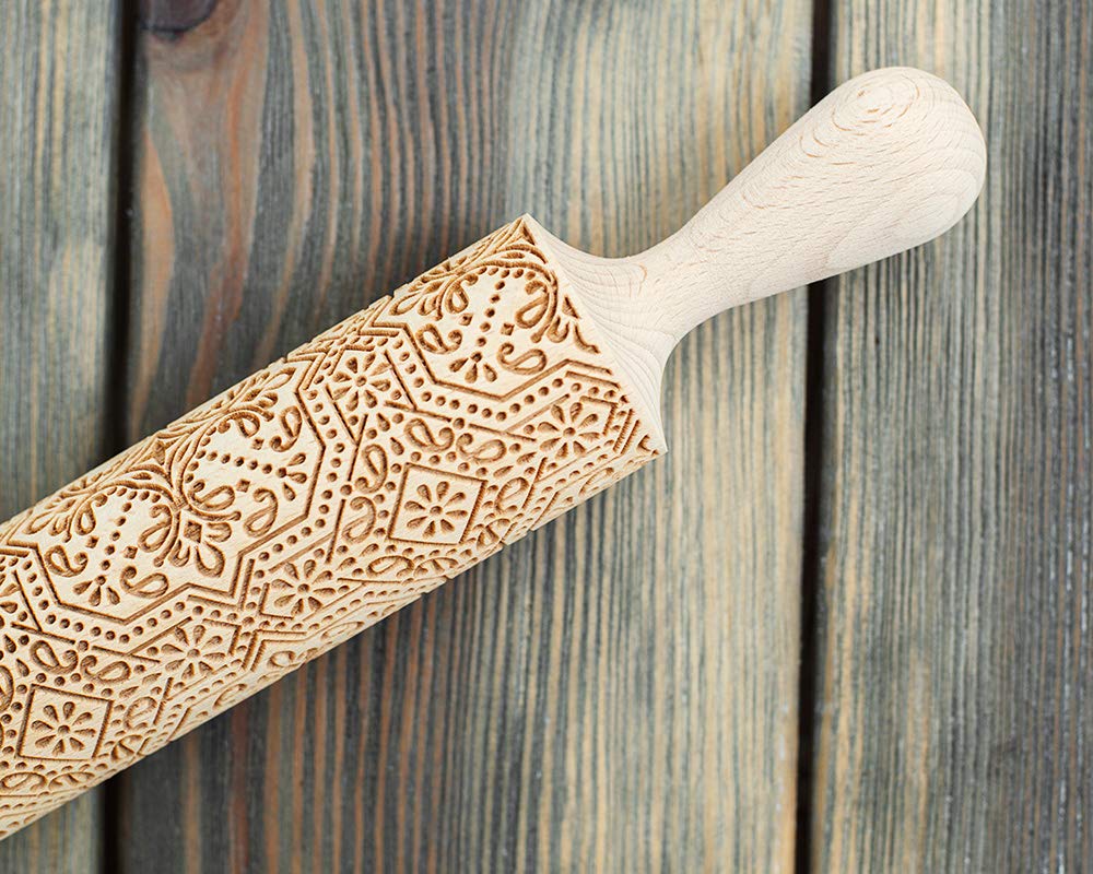 Two Crosses Rolling Pin, 3D cookie stamp, Damask ornamental pattern, square with dots imprint utensil, engraved and embossing cookie stamp, floral cookie roller