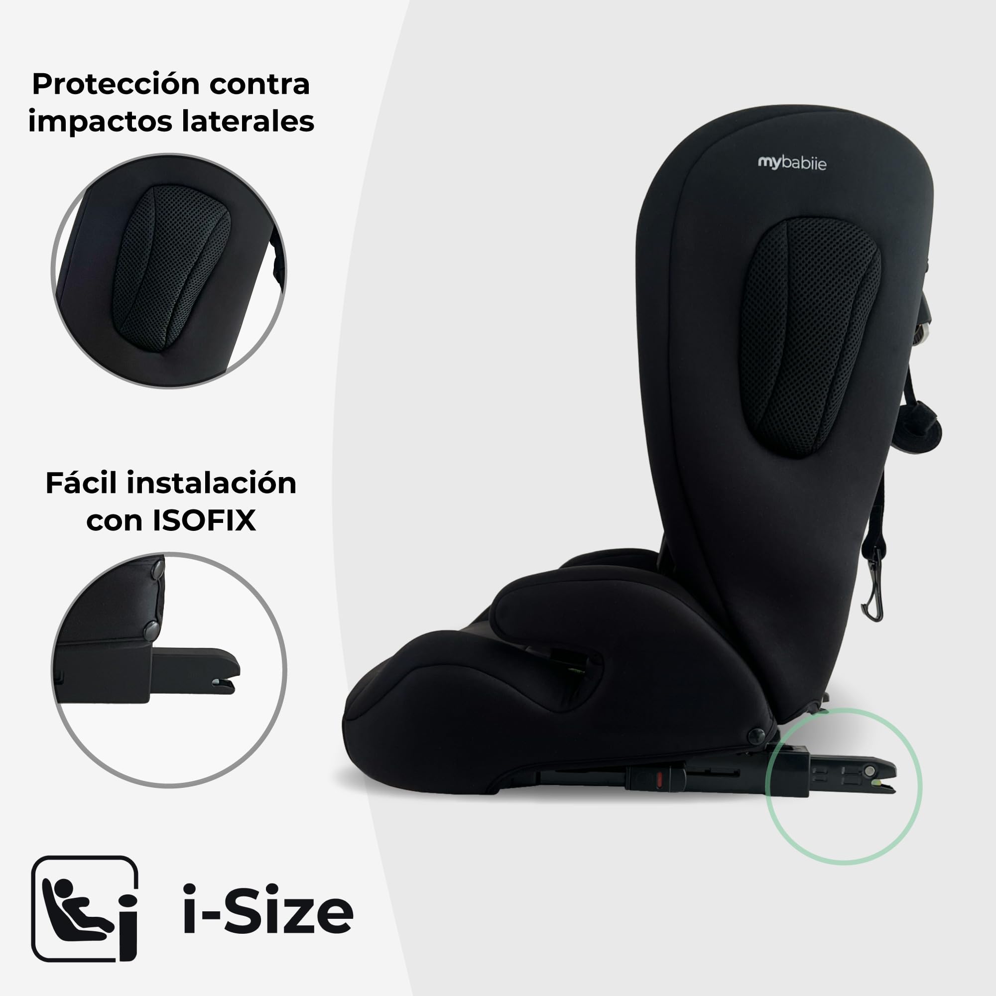 Silla de coche infantil My Babiie MBCS75 i-Size R129 con ISOFIX y Top Tether – de bebé a elevador, arnés ajustable, 76-150 cm (aprox. 9-36 kg / 15 meses a 12 años), grupo 1/2/3, negro