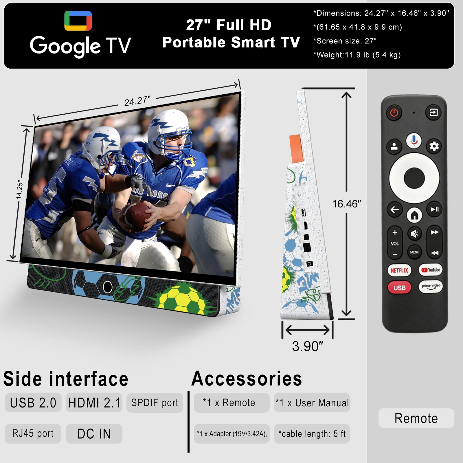 27 Inch Portable Smart TV, Android 14 OS, Built-in Battery Powered, FHD HDR Display, 60Hz Refresh Rate, Dolby Audio, WiFi, Chromecast, Voice Remote, for Bedroom, Game Day Parties, Camping & Travel