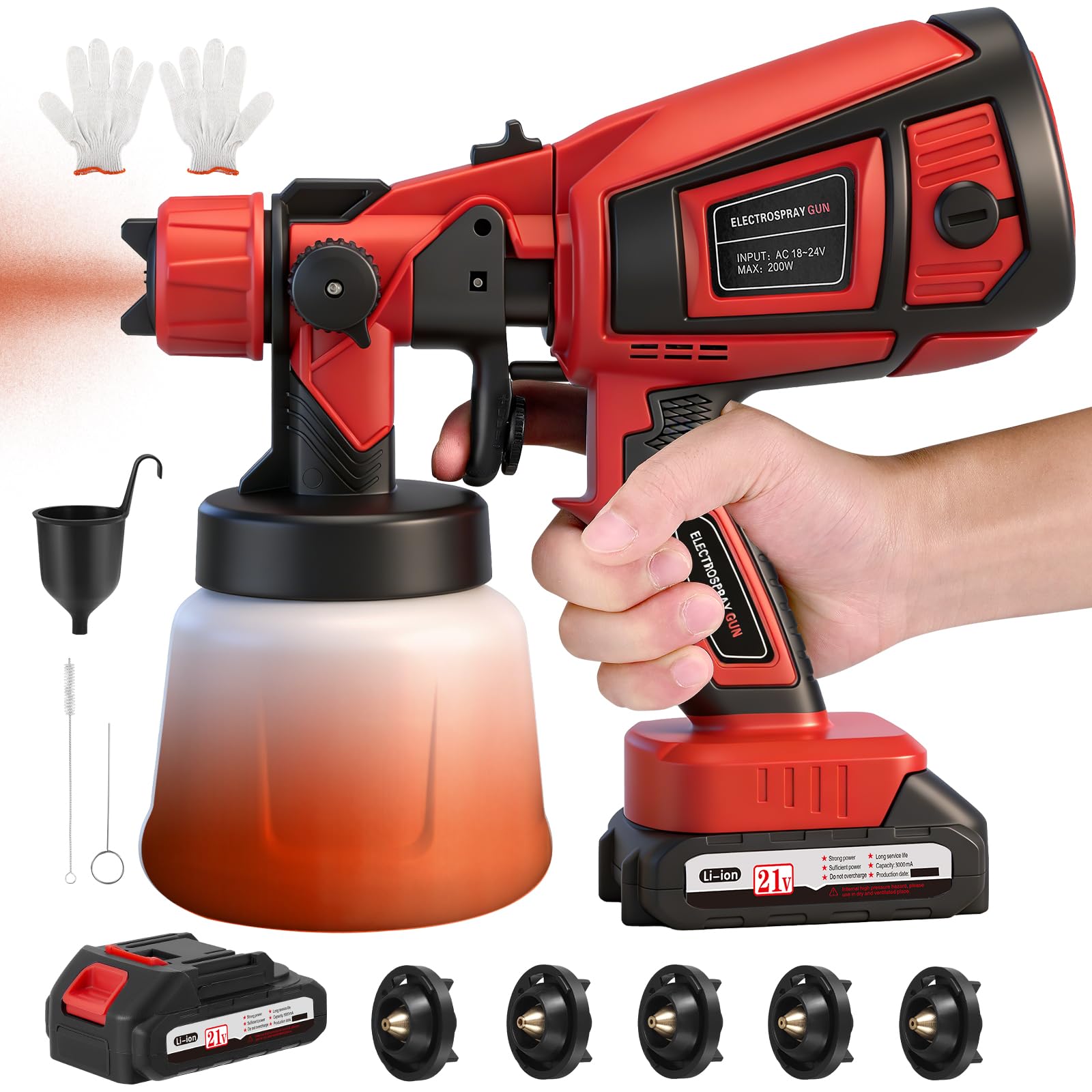 Cordless Paint Sprayer,Paint Sprayers with 21V Battery, Fence Paint Sprayer with 3 Spray Patterns, Handheld Paint Gun with 2x3000mAh Batteries & Charger for Fence, Walls, Ceilings, Home Painting(Red)