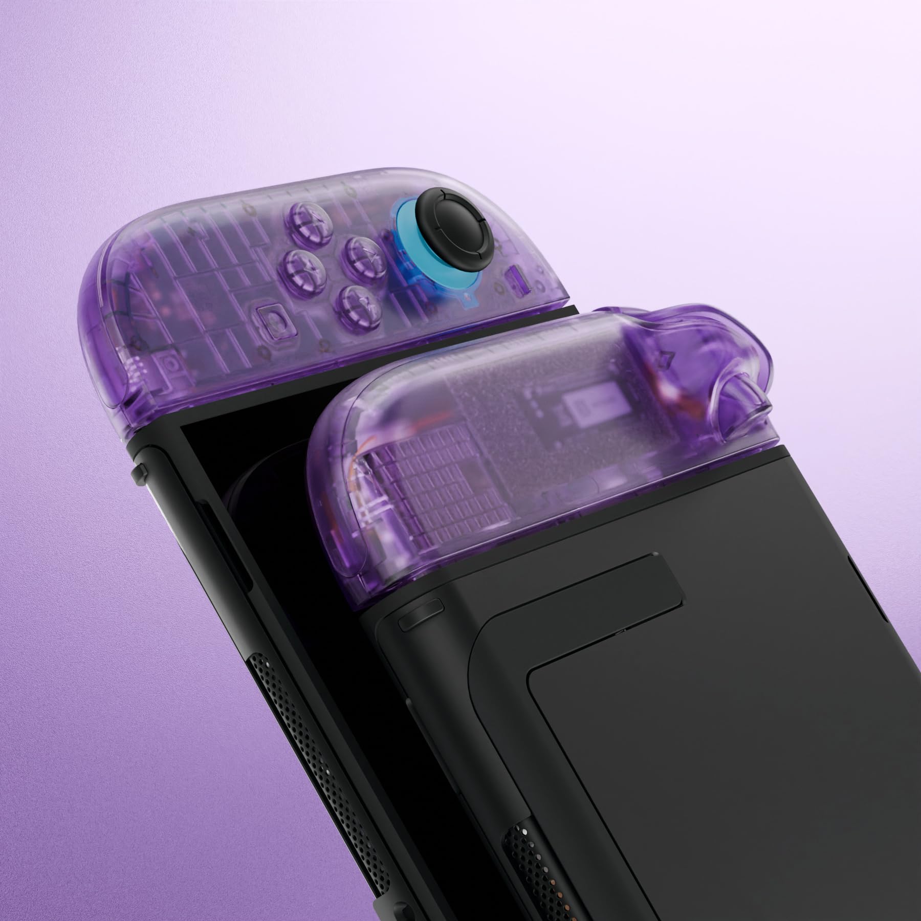 eXtremeRate Cover Tasti Kit + Levette Analogiche 3D Ricambio per Nintendo Switch 2 Controller - Trasparente Viola Atomico