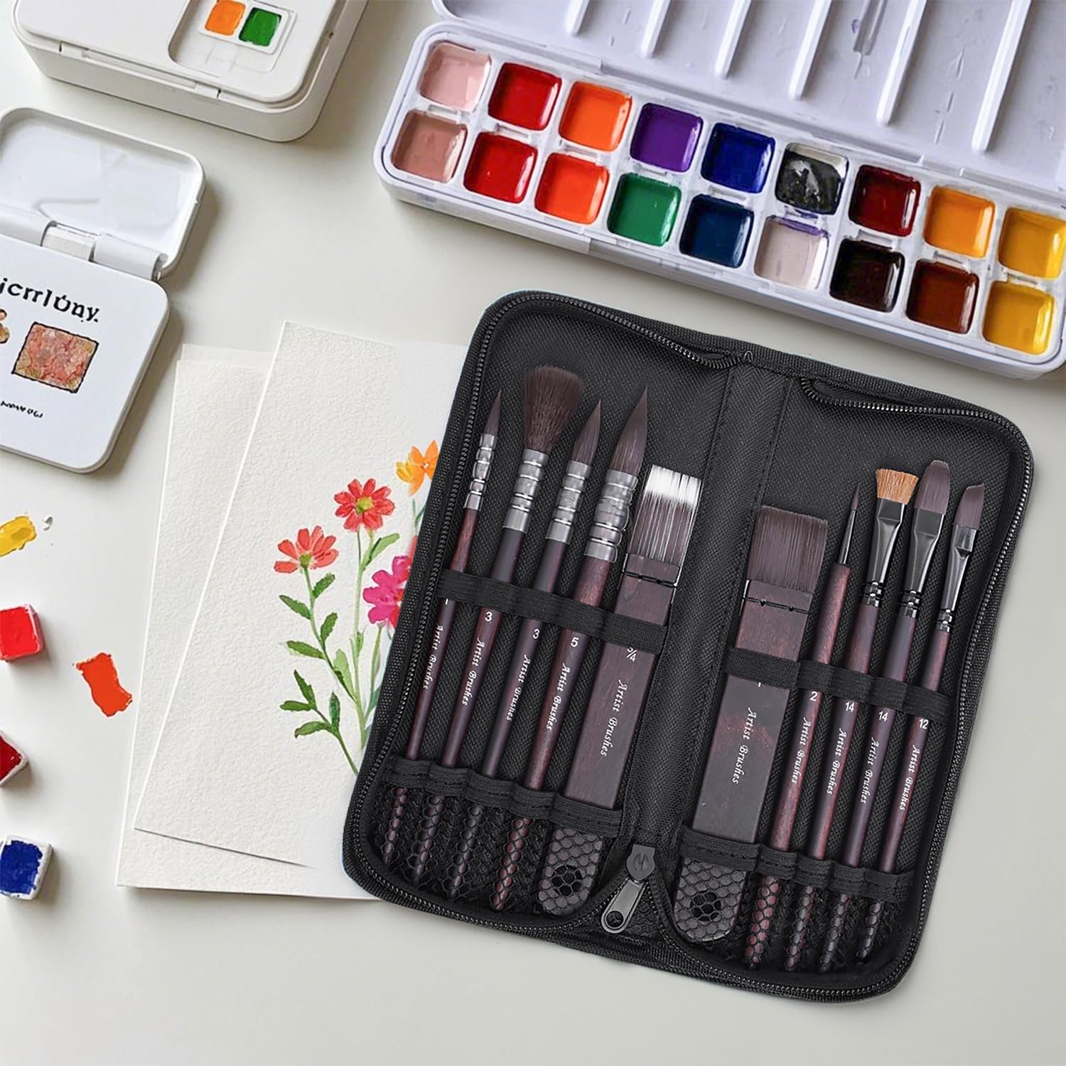 Lot de 10 pinceaux de peinture, série Artiste, poils en nylon avec pinceau rond, plat, éventail, angle, convient pour les artistes et les débutants pour la peinture acrylique, l'huile, l'aquarelle, la