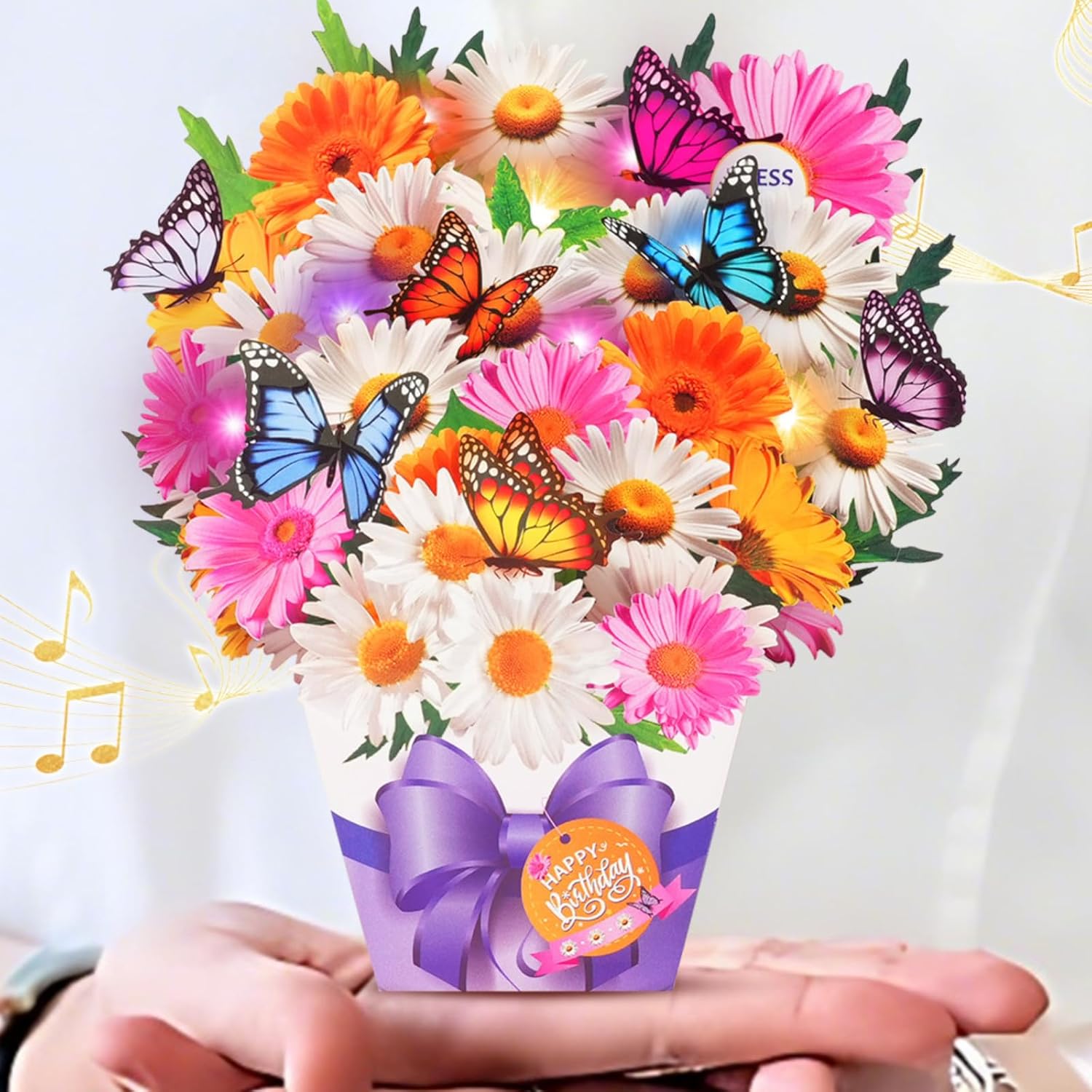 Mini Birthday Cards, Birthday Gift Card with Music and Light, Flower Bouquet 3D Card with Butterflies for Mom, Women, Wife (Butterfly & Daisy) Birthday Daisy