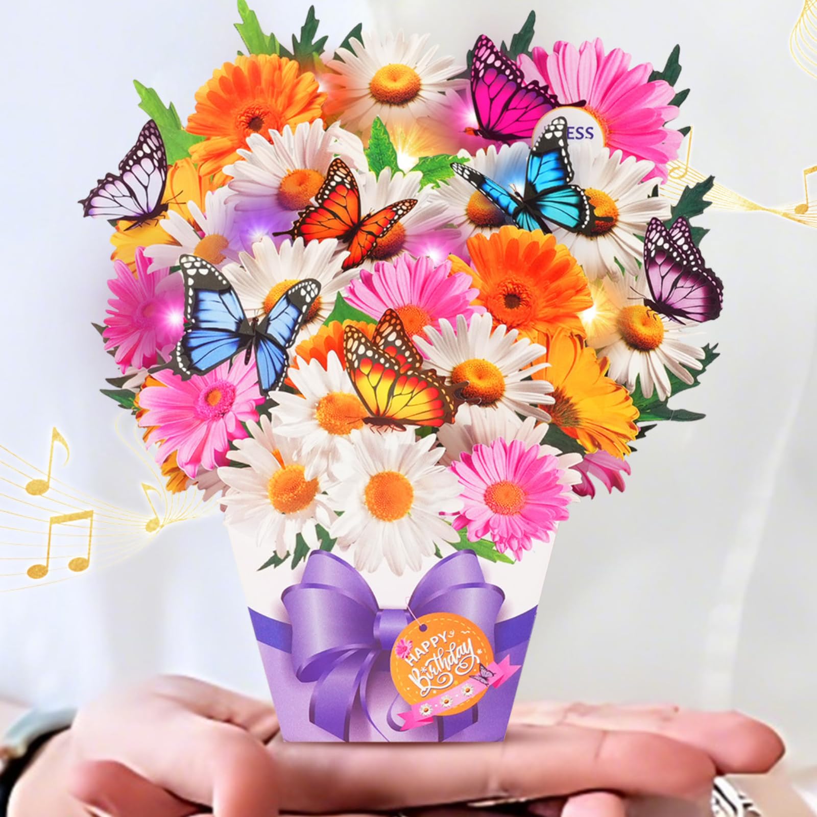Mini Birthday Cards, Birthday Gift Card with Music and Light, Flower Bouquet 3D Card with Butterflies for Mom, Women, Wife (Butterfly & Daisy)