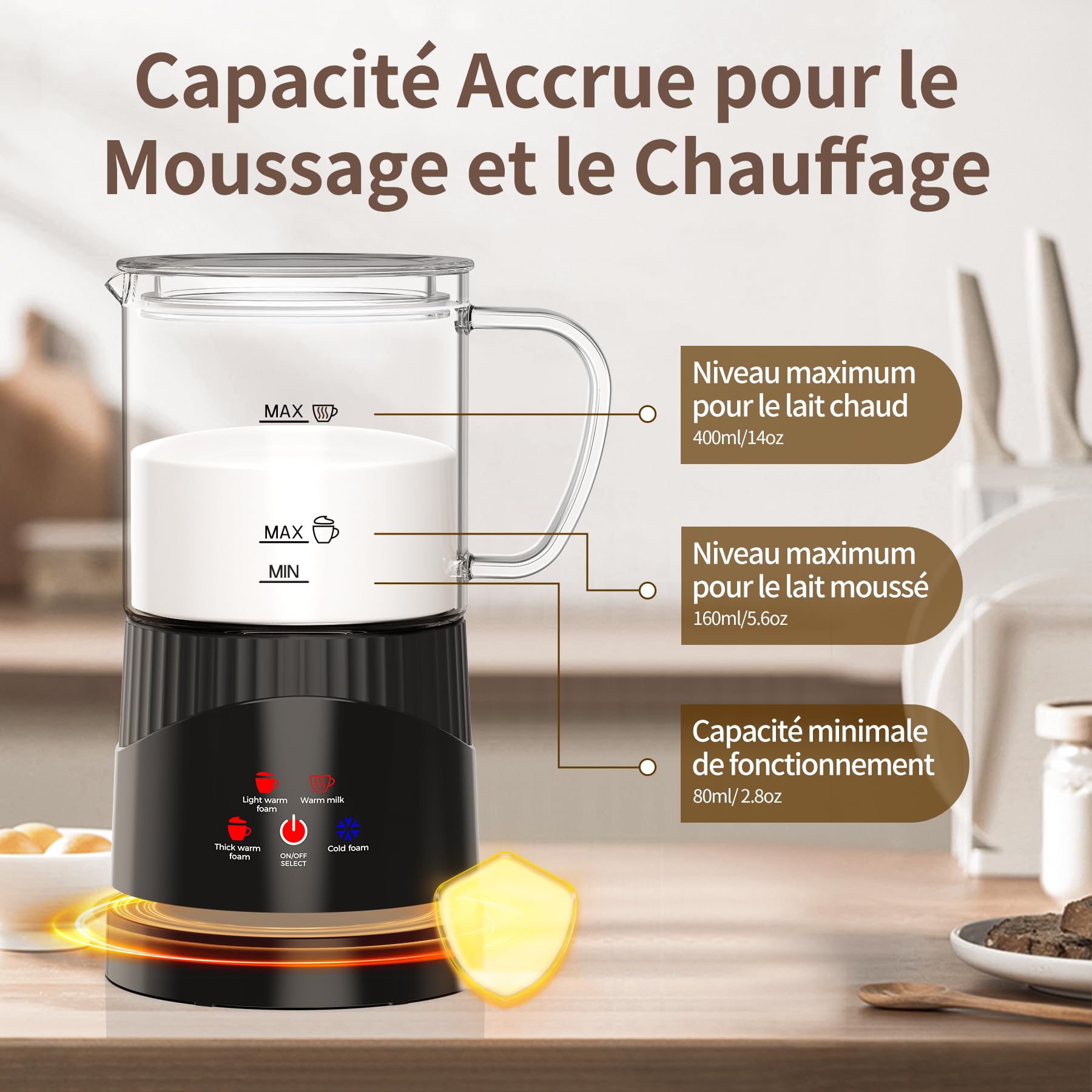 OMISOON Mousseur à lait électrique 4 en 1 400 ml, mousseur à lait automatique à induction 500 W, arrêt automatique, pour mousse de lait chaude et froide, latte macchiato, cappuccino, noir