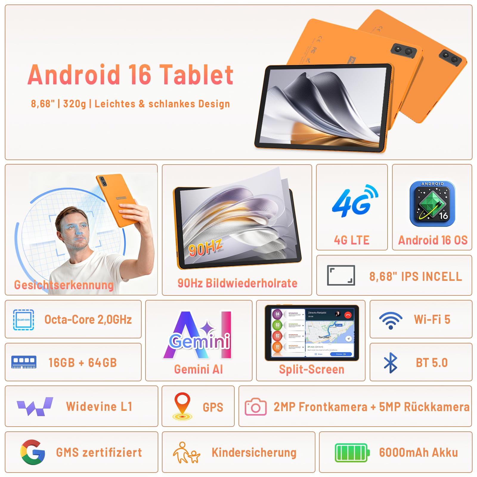 Android 16 Tablet 8,7 pollici, 4G LTE Tablet con SIM, WiFi 5, 16 GB RAM + 64 GB, fino a 2 TB, Widevine L1, Gemini AI, GPS, Face Unlock, batteria da 6000 mAh