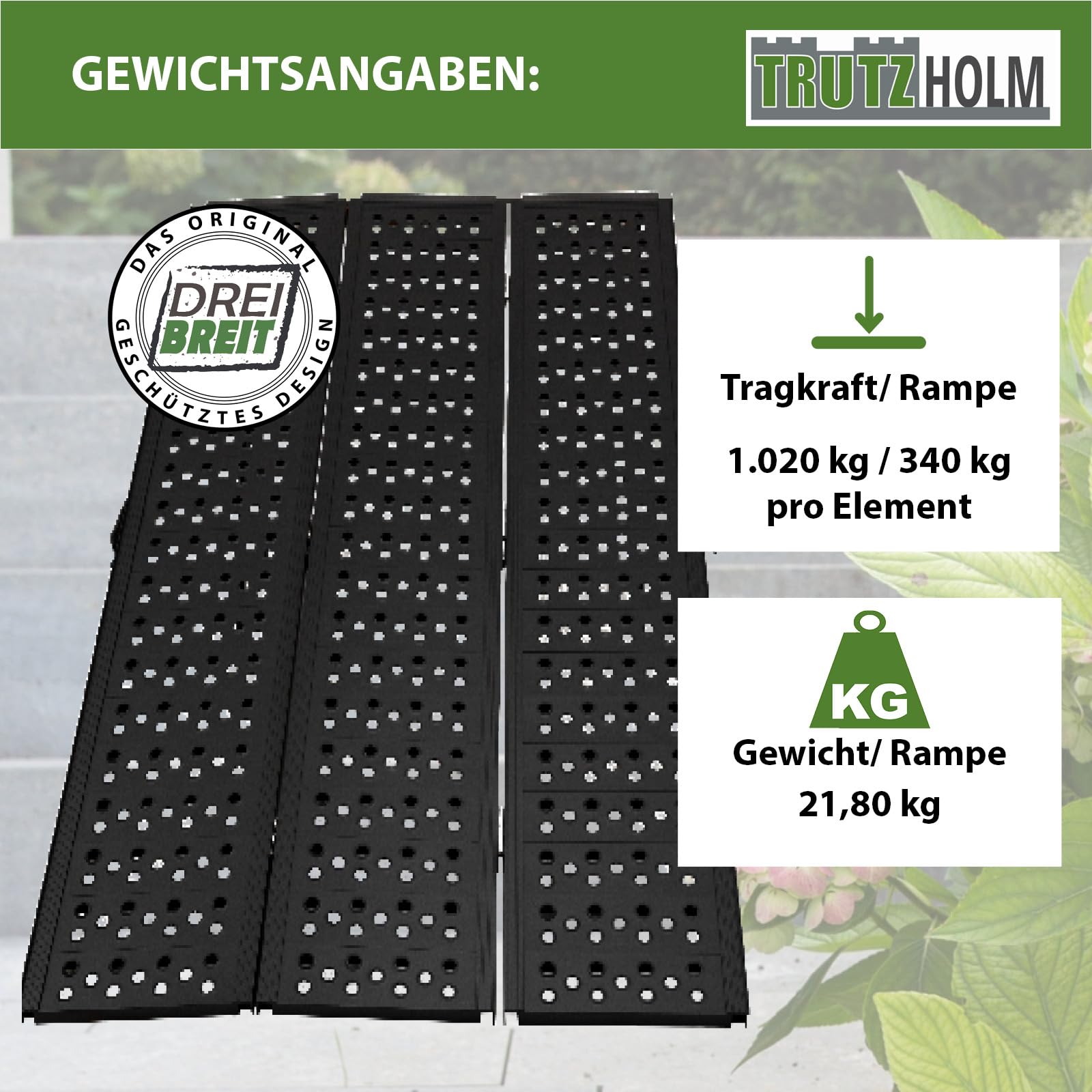 DREIBREIT by TRUTZHOLM 2-Fach Auffahrrampe klappbar 215 cm Traglast 1020 kg Alu schwarz gelocht Verladerampe Rampe