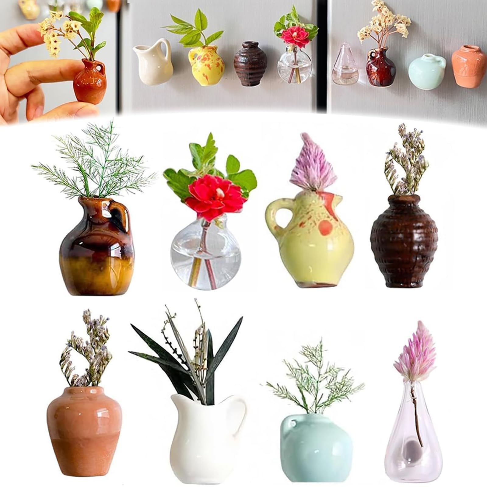 8pcs Mini Ceramic Vase Magnets for Fridge, Cute Mini Vase Fridge Magnets, 3D Ceramic Tiny Bud Vases, Funny Magnetic Flower Vases Magnets for Refrigerator Kitchen Locker Office Decor, No Flower(8pcs)