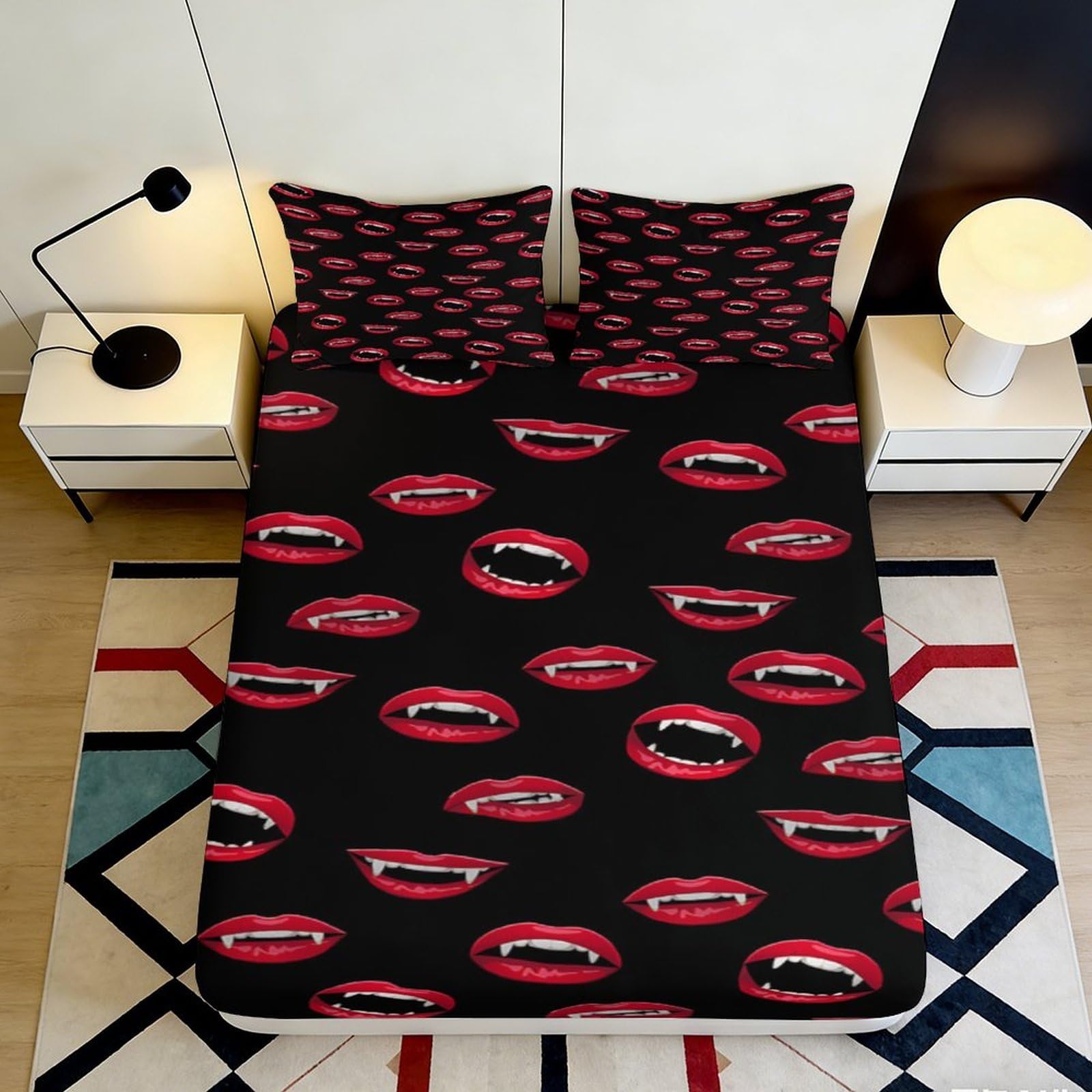 Pnayamiorkfel Style-6 3D Printed Vampire Lips Fitted Sheet Microfiber Soft Decorative Gothic Mouth Bed Cover For Bedroom Guest Room Dorm 90X200x25cm