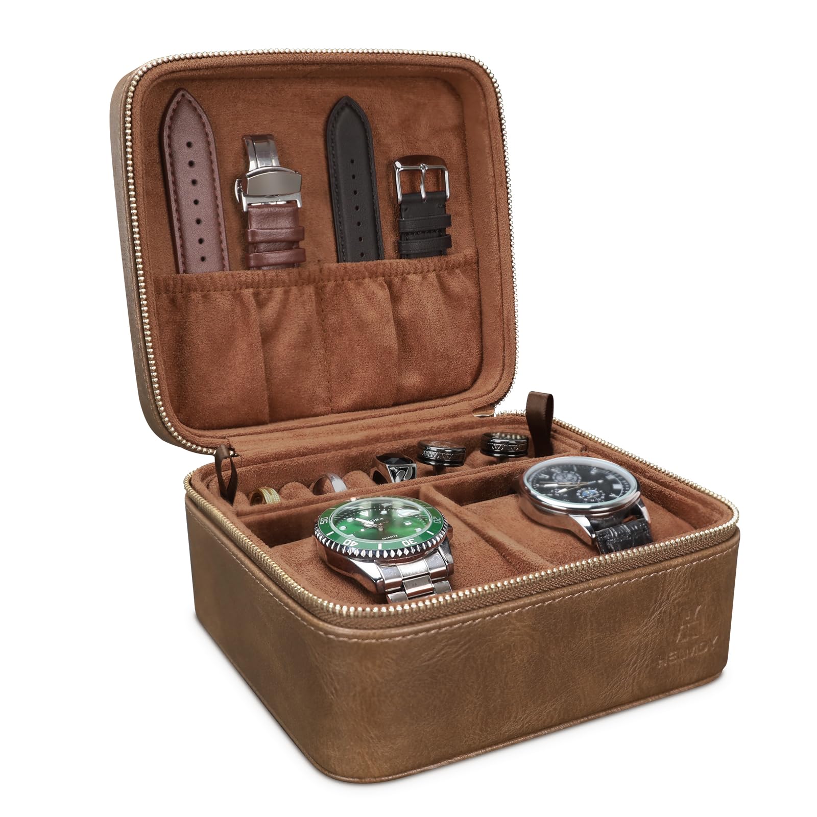 HVMBEUGOS 2 Slots Watch Travel Case with Accessory Compartment, Watch Straps, Rings, Cufflinks Portable Storage Travel Case, PU Leather Watch Box Organizer Case with Zipper, Ideal for Gift (Brown)