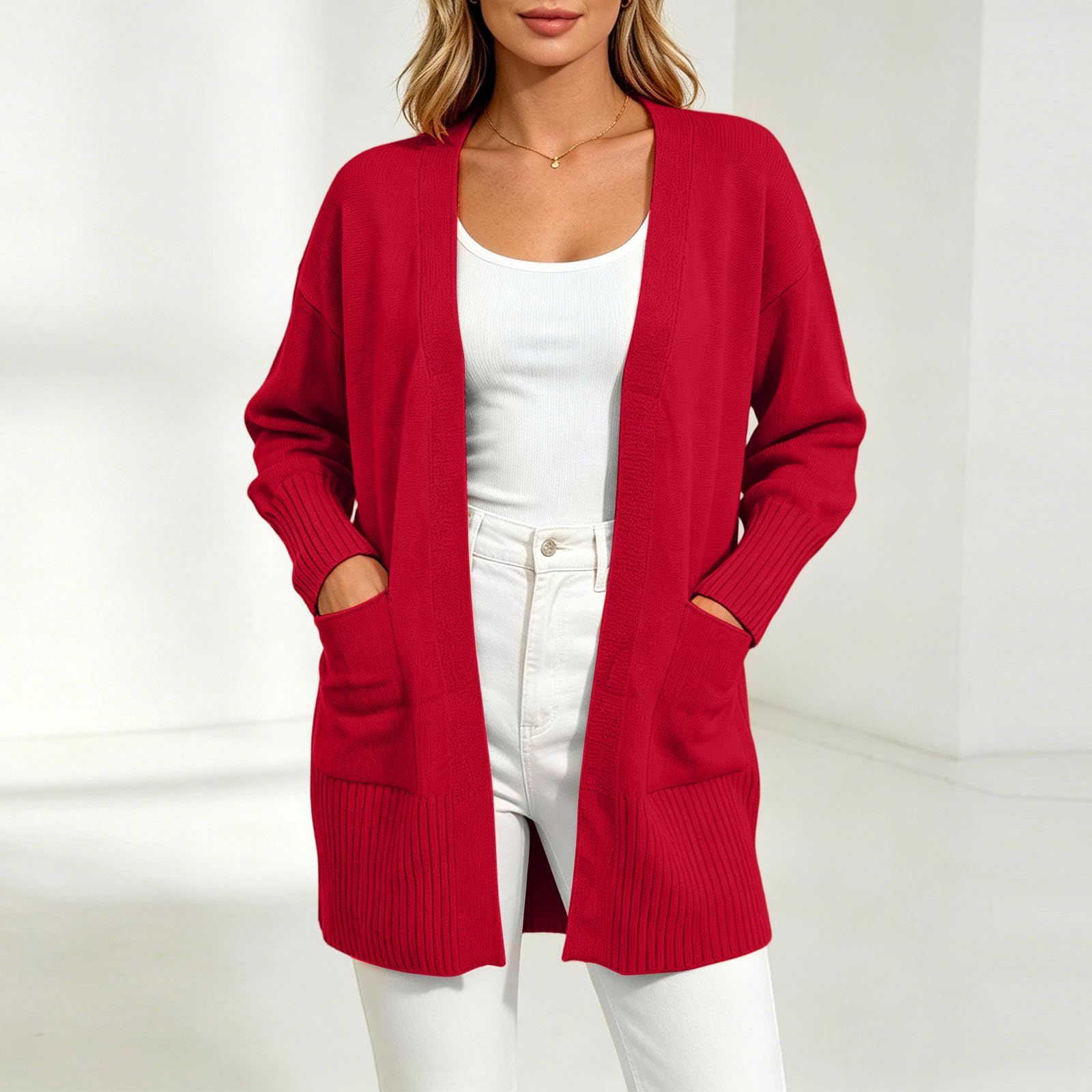 Gilet Ouvert pour Femme, Poches Latérales, Manches Longues, Coupe Longue