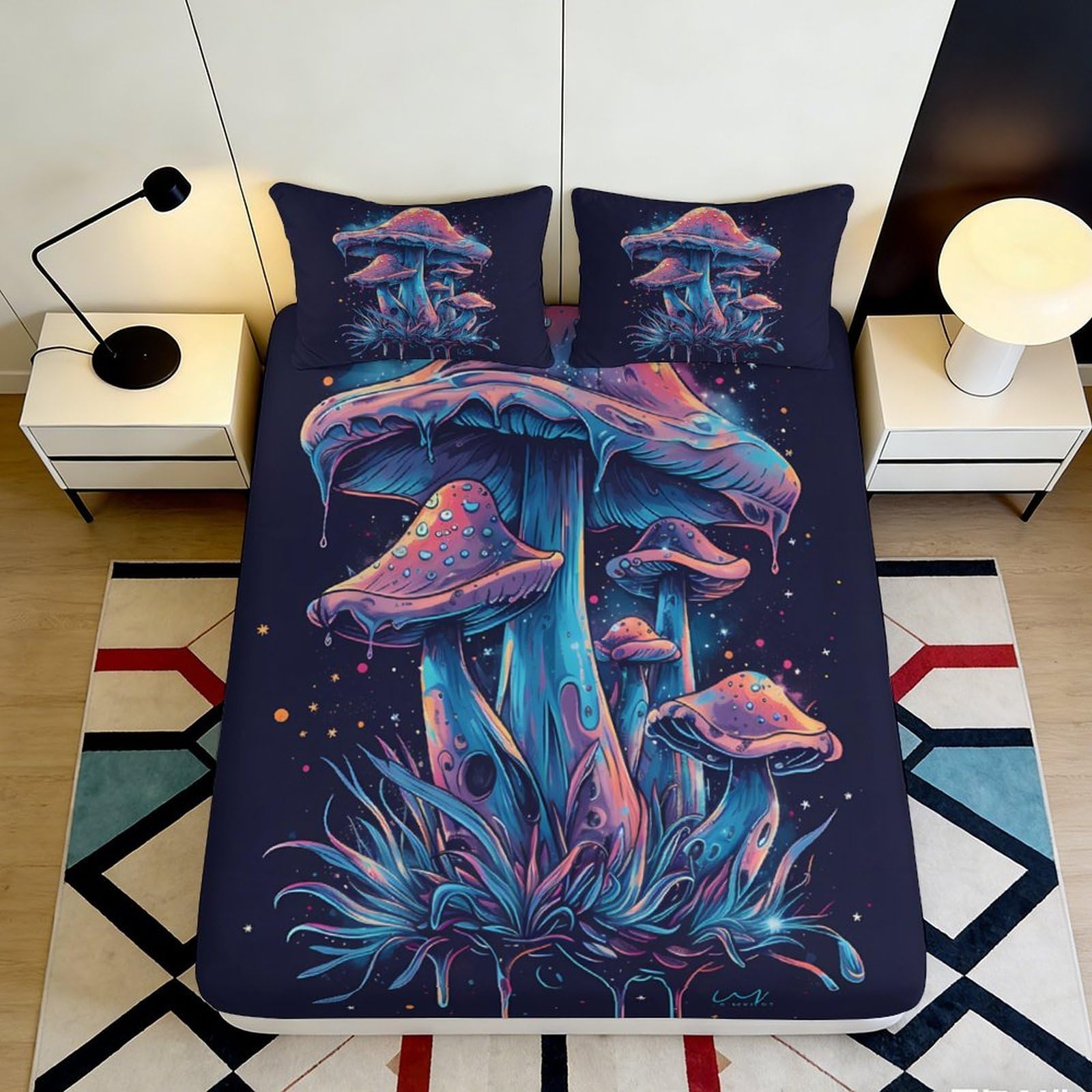Kzqnxhjprl Style-2 3D Printed Psychedelic Mushroom Fitted Sheet Microfiber Soft Breathable Neon Fantasy Bed Cover For Bedroom Dorm Mattress Decor 90X200x25cm