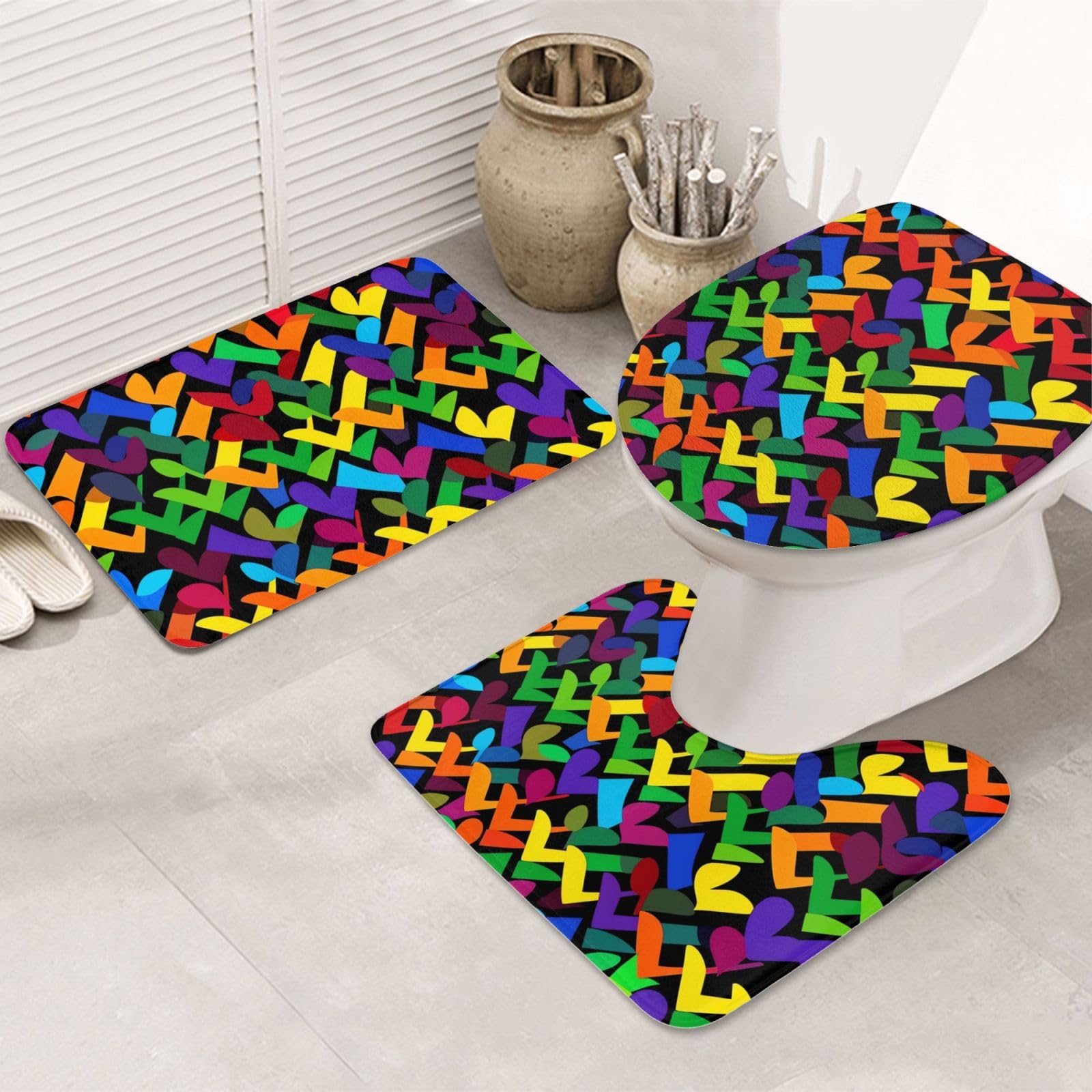 Dwrepo Gay Pride Rainbow Print Bathroom Rug Set 3 Piece with Non-Slip U-Shaped Contour Mat and Toilet Lid Cover for Bathroom Decoration